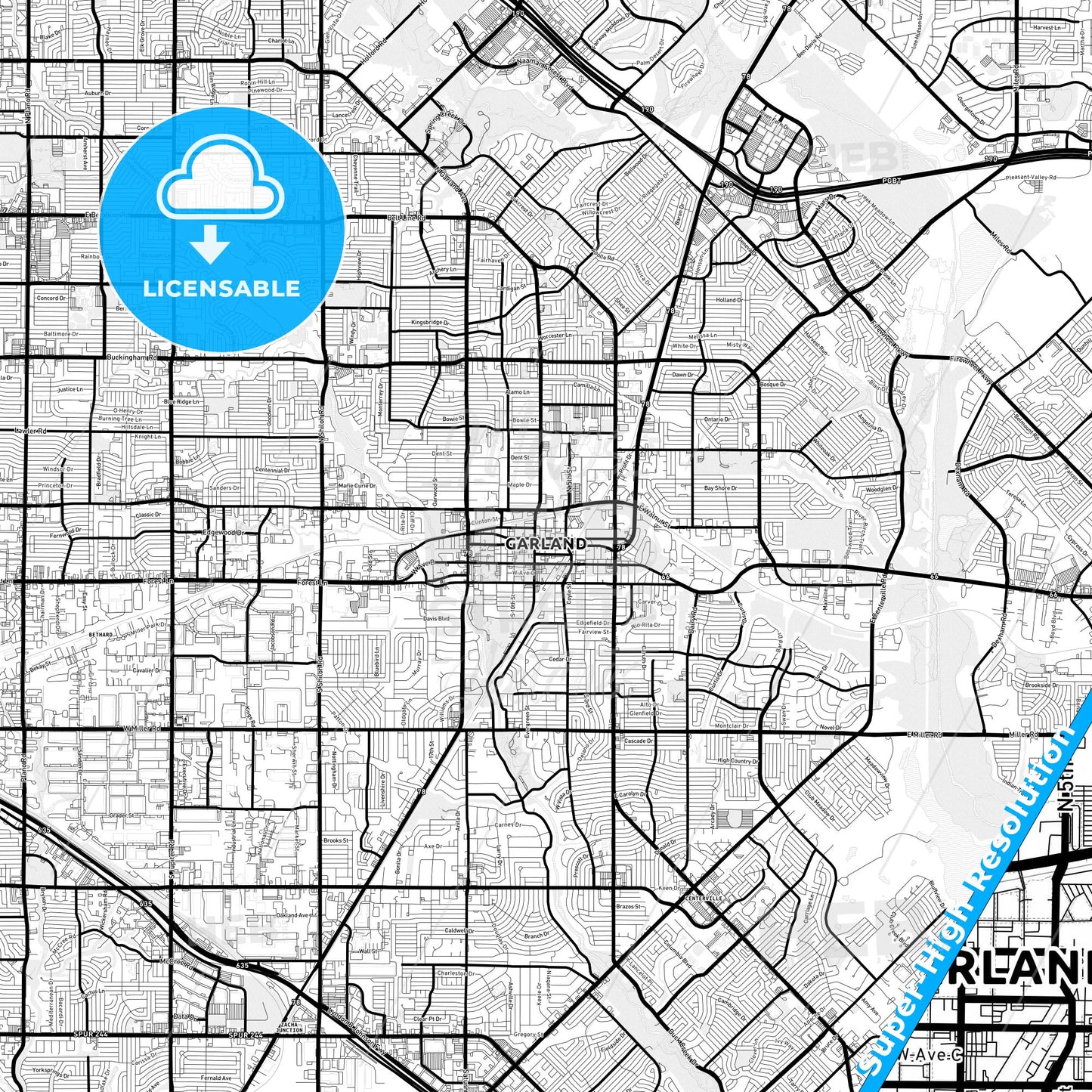 Garland, Texas Light Map with Street Names, City Names, and Districts