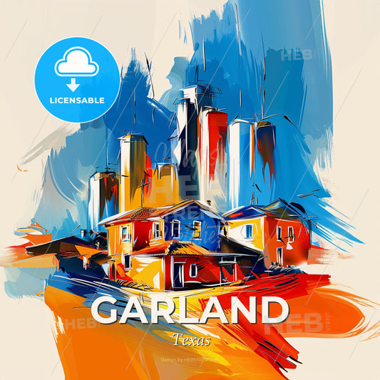 Vibrant Garland, Texas - A Painting Of Buildings And Towers - Square format print template