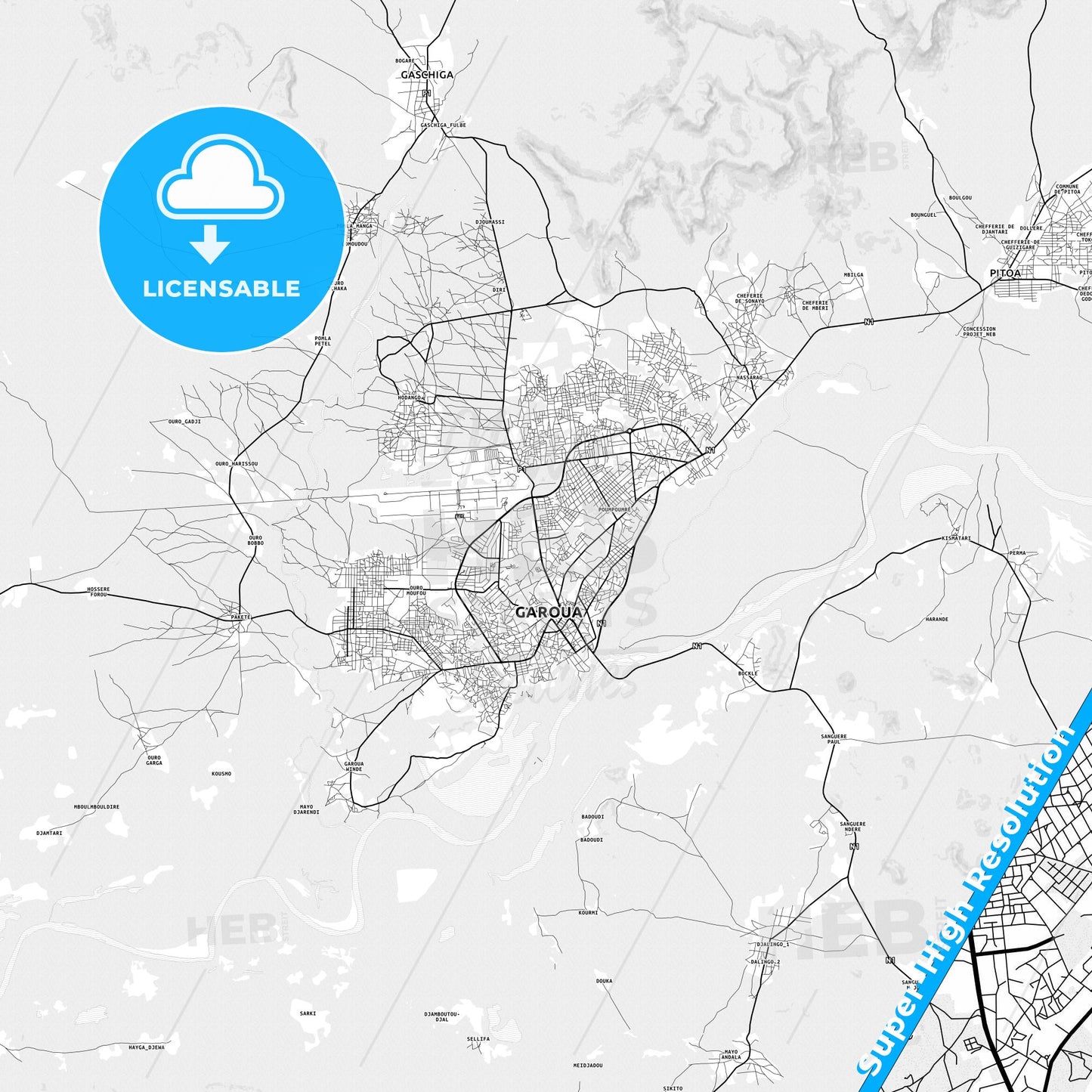 Garoua, Cameroon light map with streetnames, citynames and districts