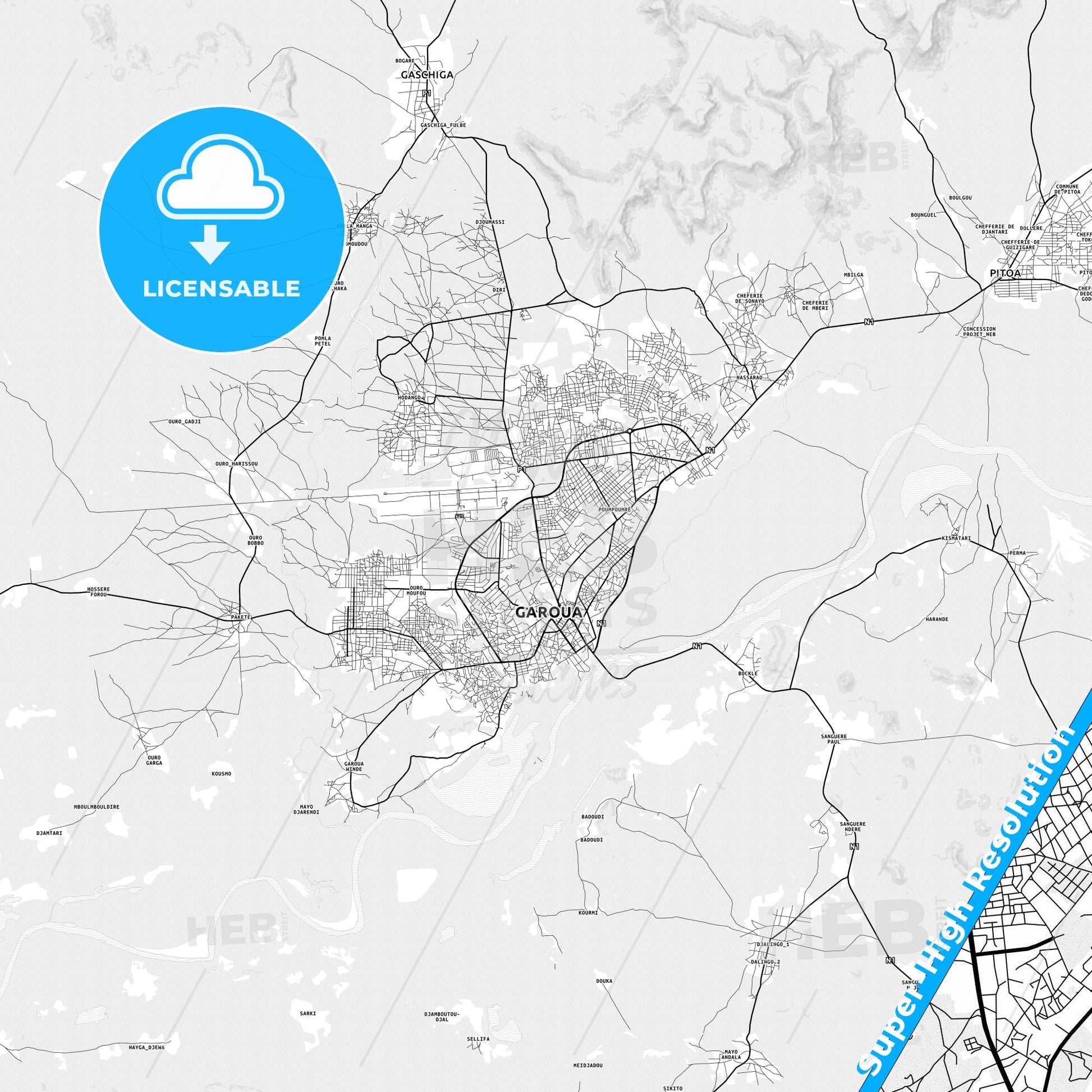 Garoua, Cameroon light map with streetnames, citynames and districts