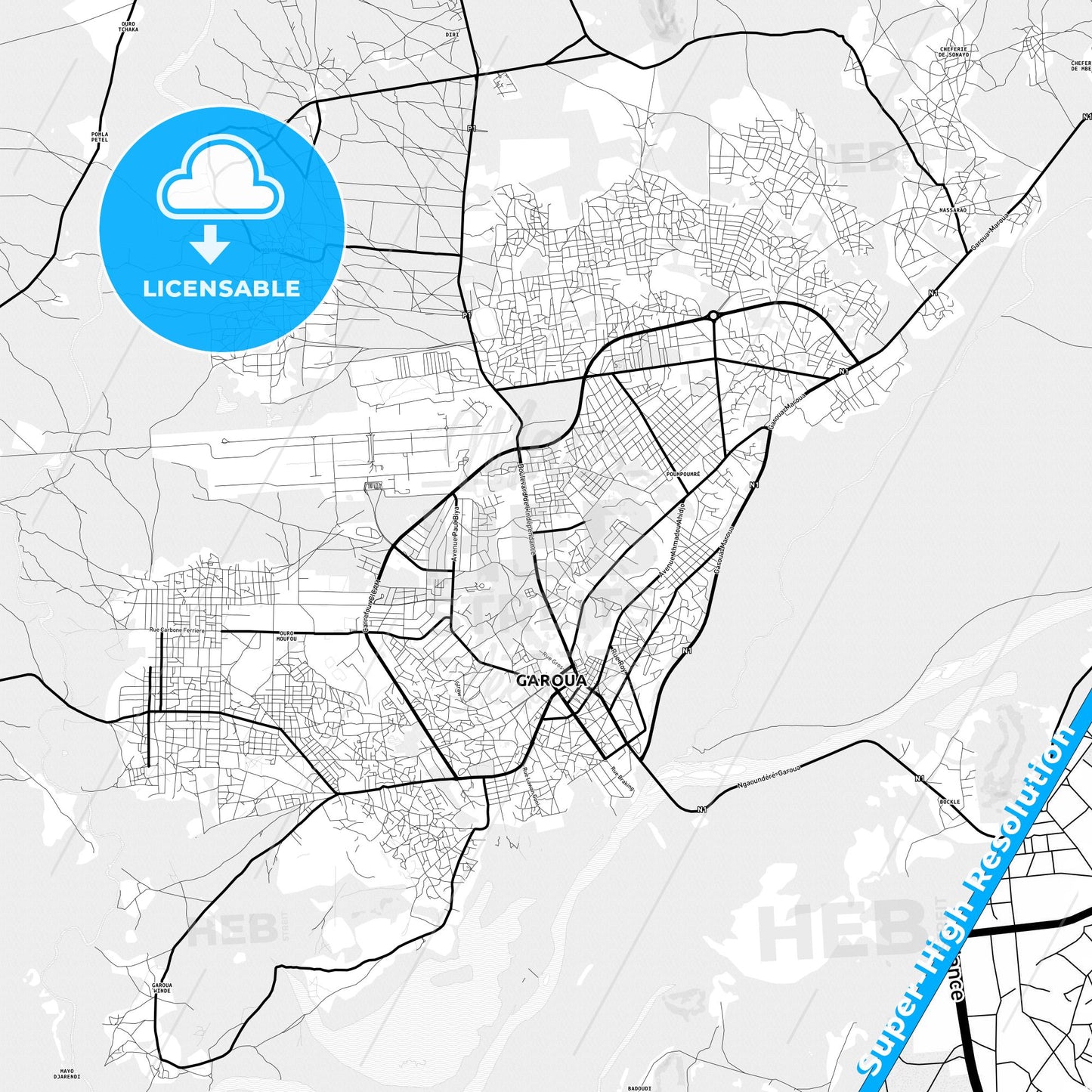 Garoua, Cameroon Light Map with Street Names, City Names, and Districts