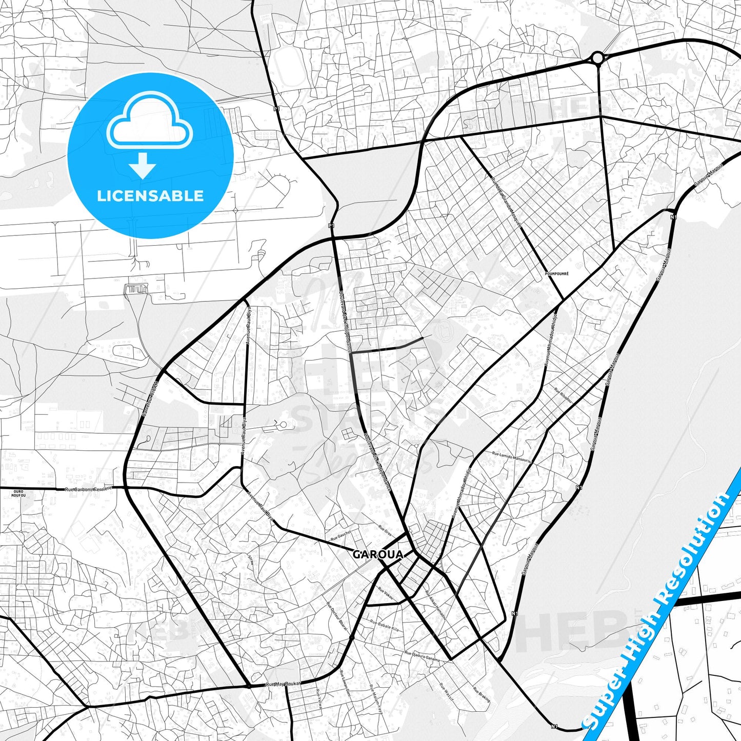 Garoua, Cameroon Light Map with Street Names, City Names, and Districts
