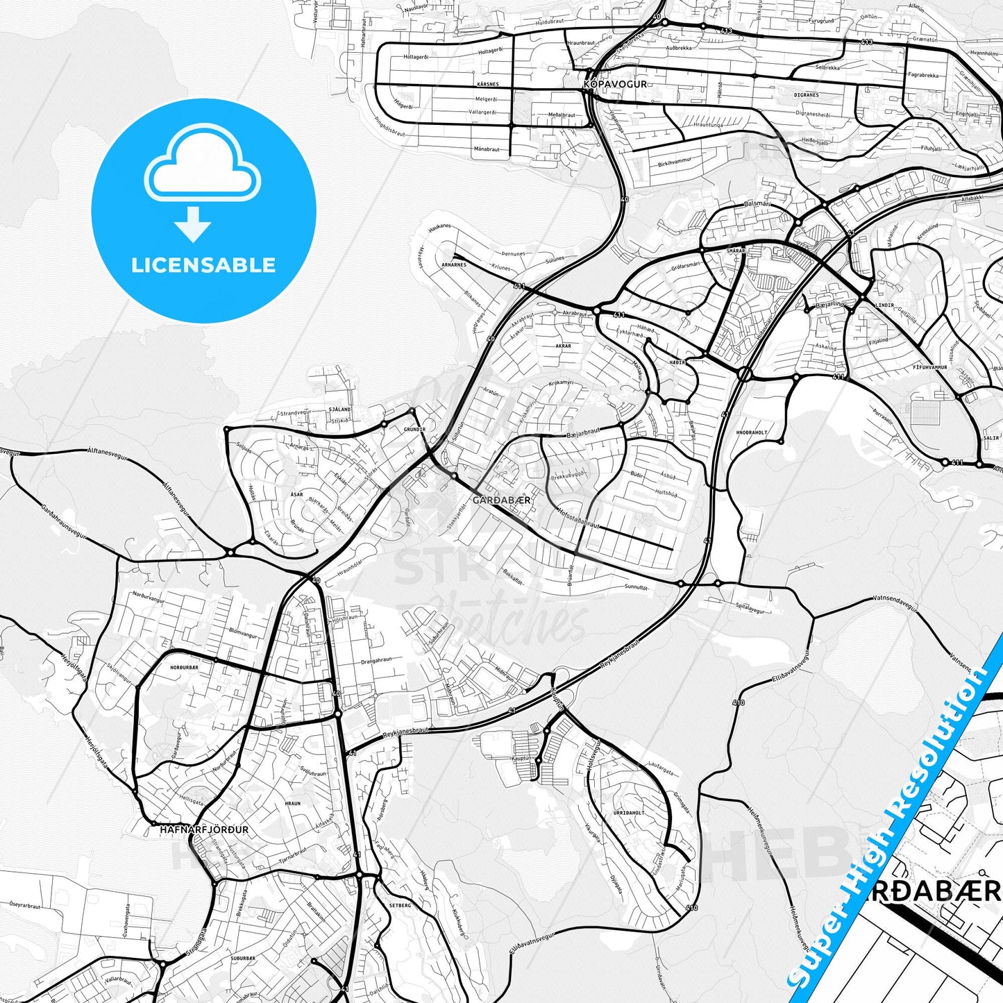 Garðabær, Iceland Light Map with Street Names, City Names, and Districts