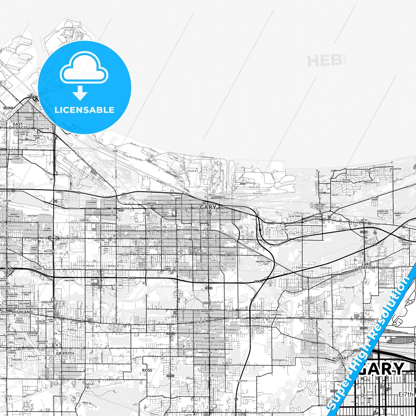 Gary, Indiana light map with streetnames, citynames and districts