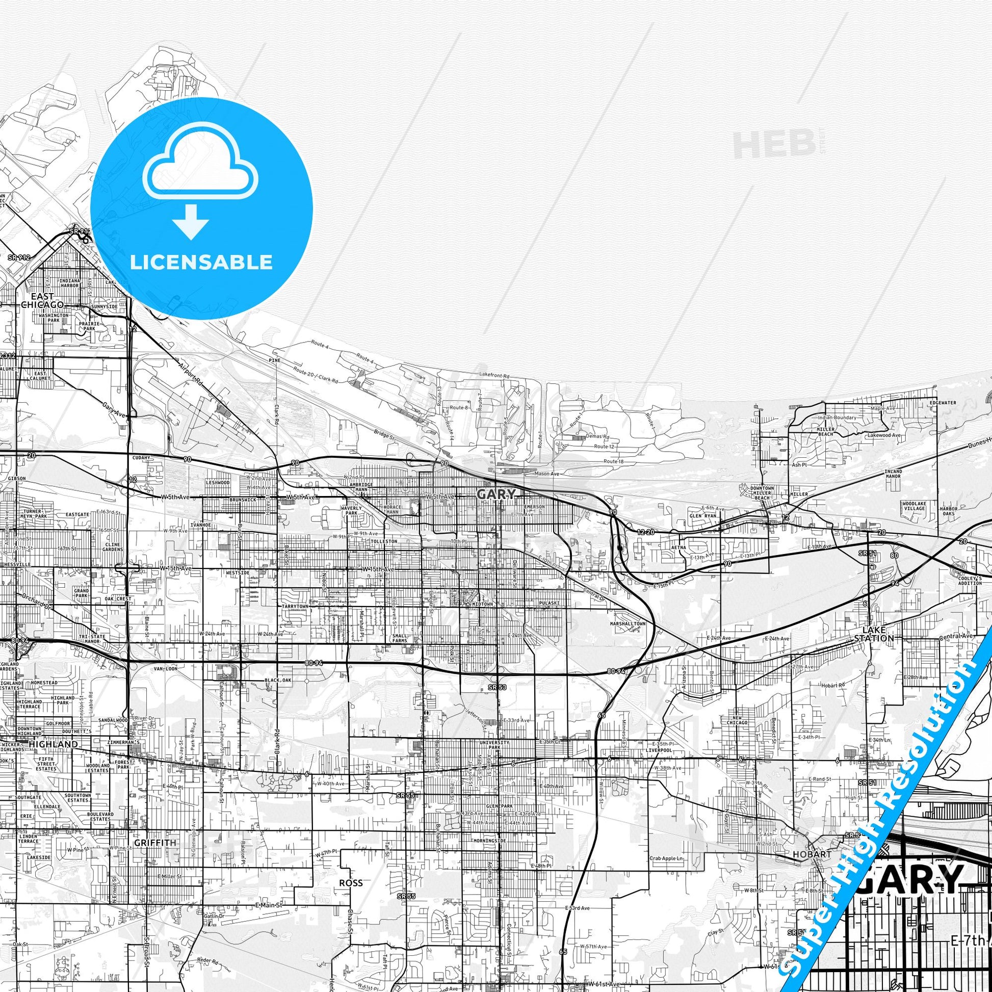 Gary, Indiana light map with streetnames, citynames and districts
