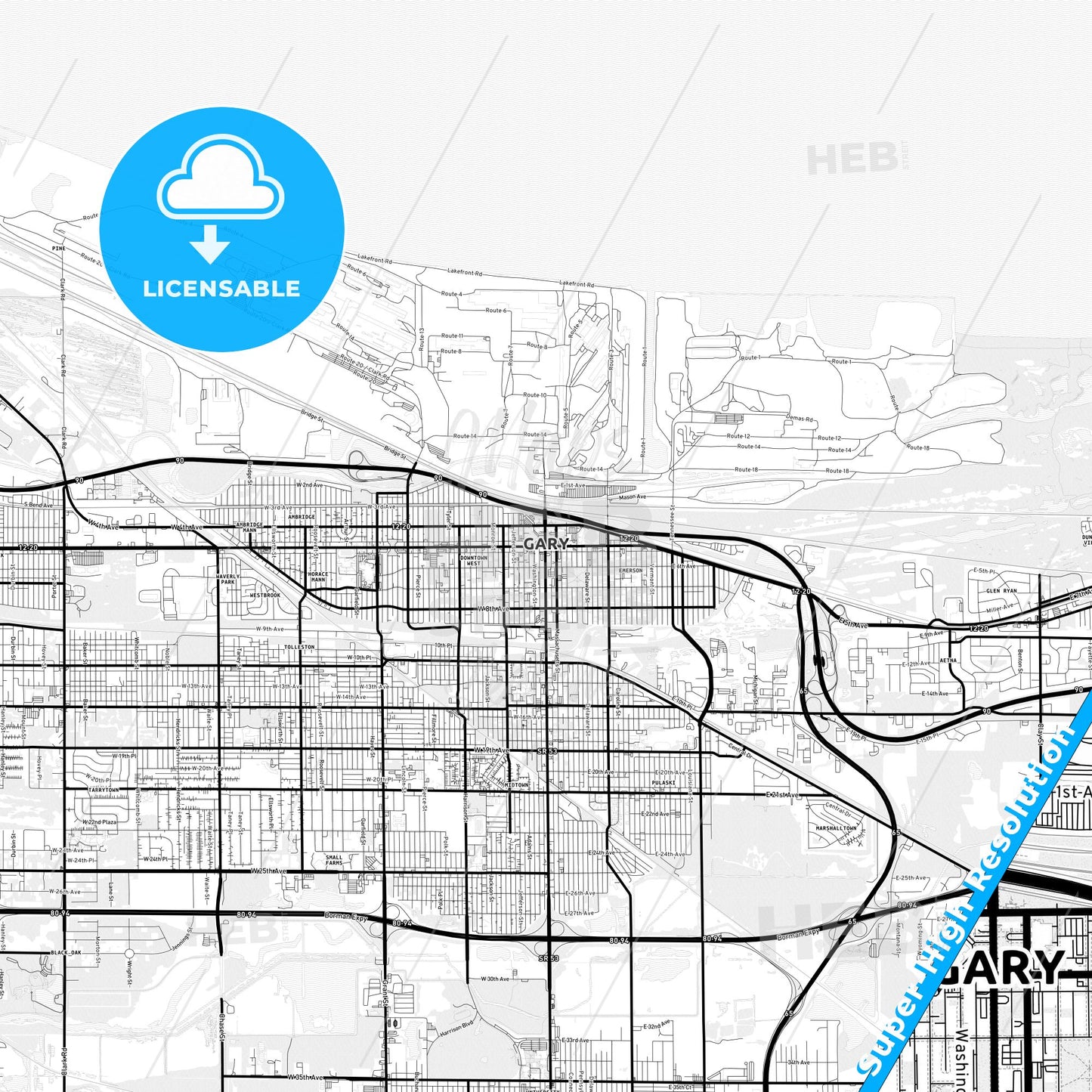 Gary, Indiana Light Map with Street Names, City Names, and Districts