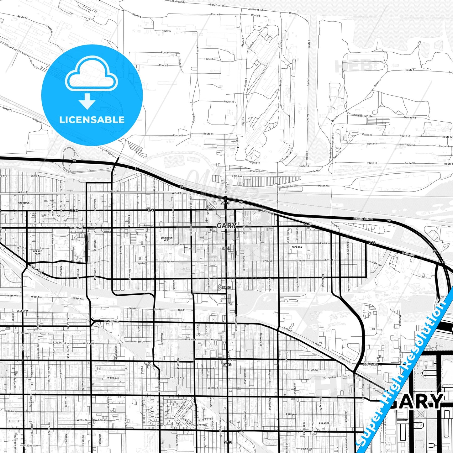Gary, Indiana Light Map with Street Names, City Names, and Districts