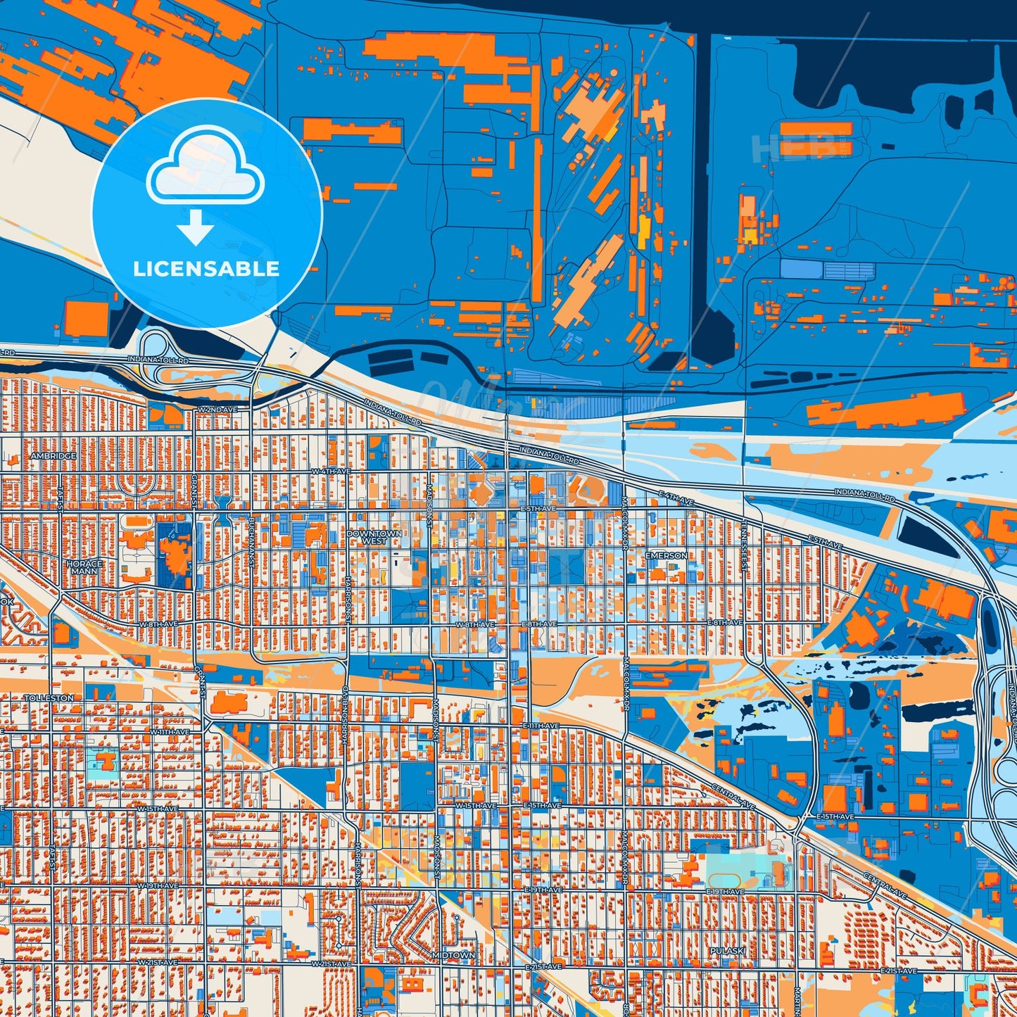 Colorful Gary Street Map with Labels and Buildings