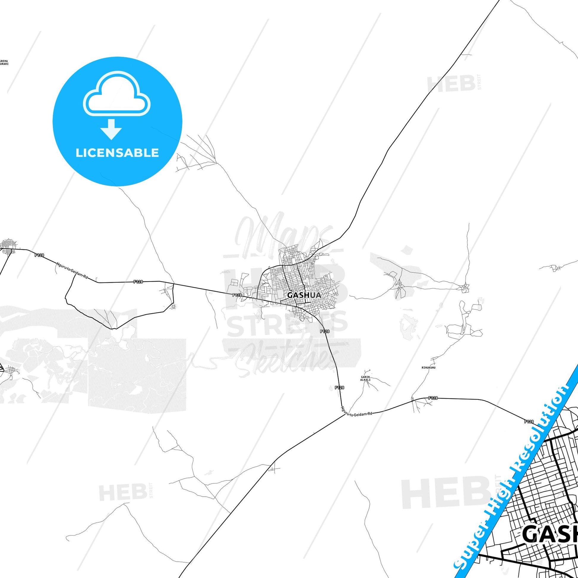 Gashua, Nigeria light map with streetnames, citynames and districts