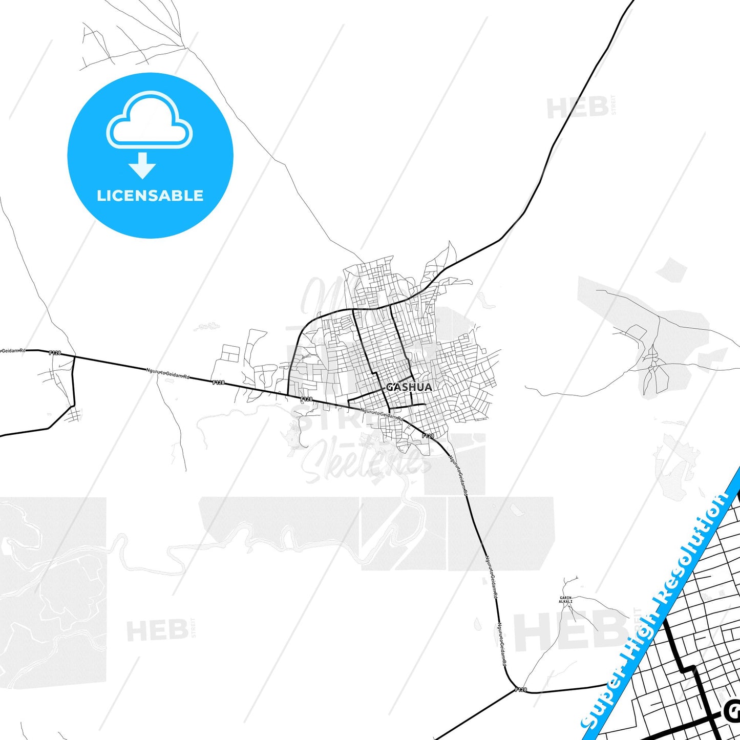 Gashua, Nigeria Light Map with Street Names, City Names, and Districts