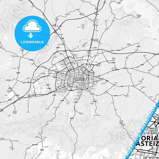 Gasteiz / Vitoria, Spain light map with streetnames, citynames and districts