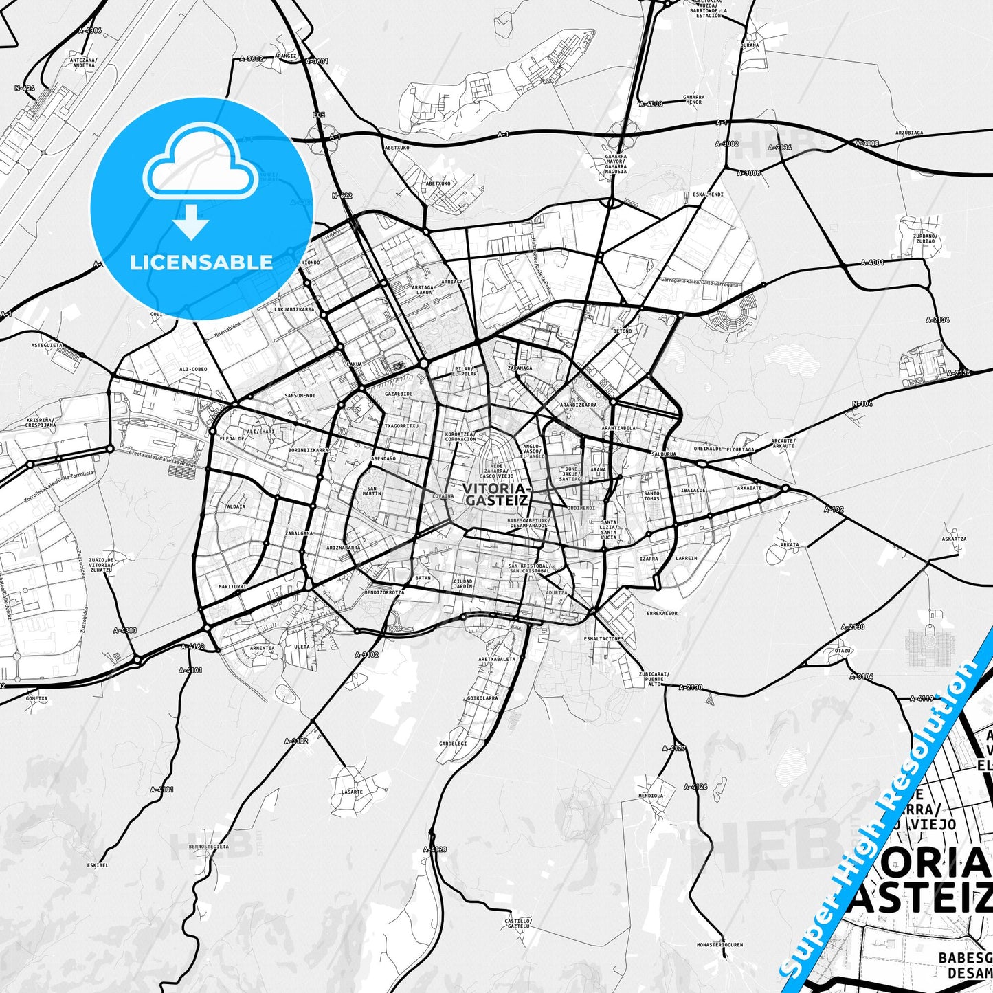 Gasteiz / Vitoria, Spain Light Map with Street Names, City Names, and Districts