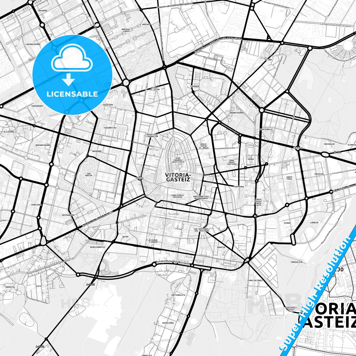 Gasteiz / Vitoria, Spain Light Map with Street Names, City Names, and Districts