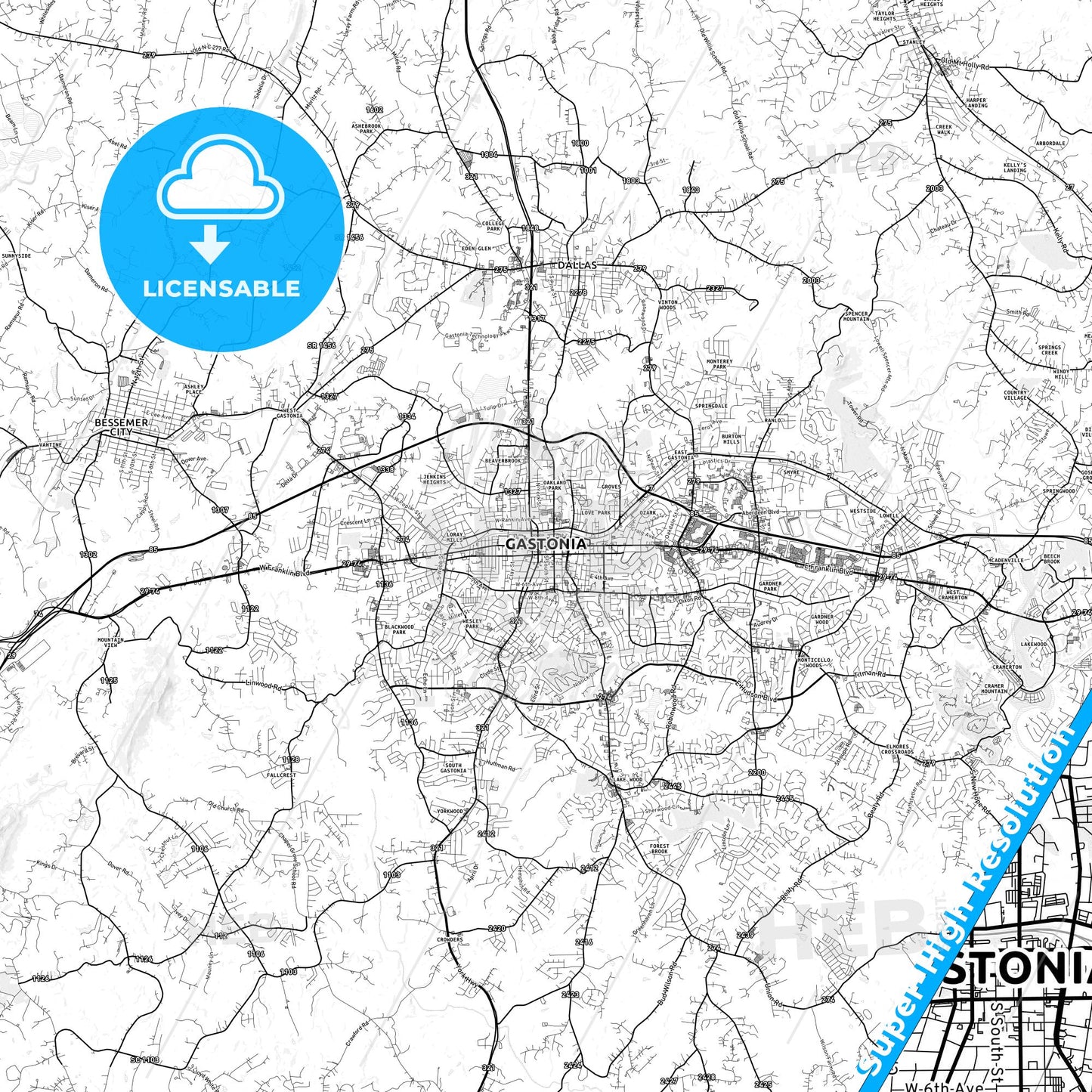 Gastonia, North Carolina light map with streetnames, citynames and districts