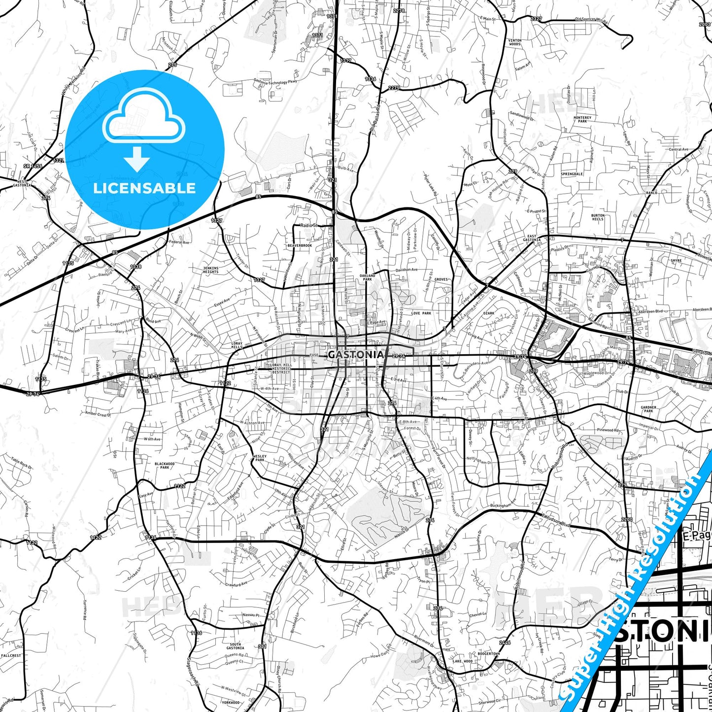 Gastonia, North Carolina Light Map with Street Names, City Names, and Districts