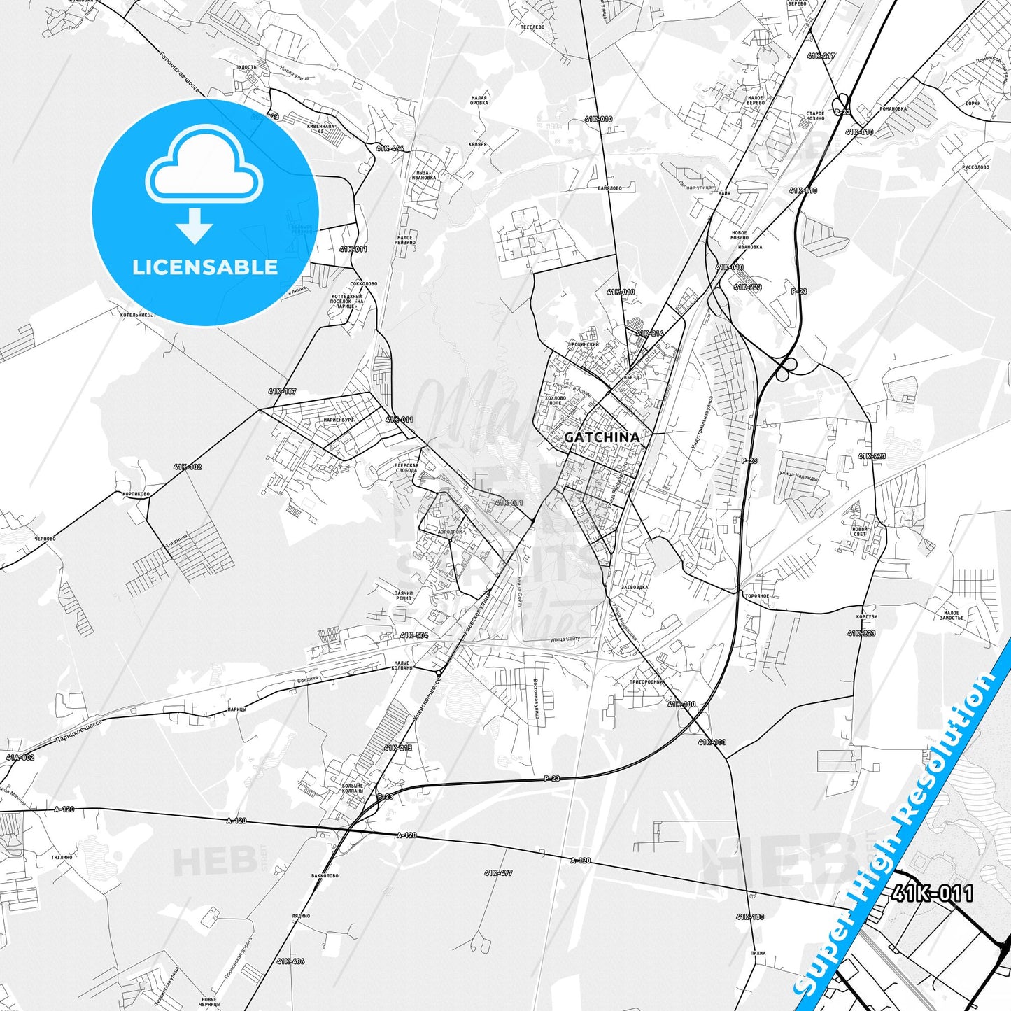 Gatchina, Russia light map with streetnames, citynames and districts