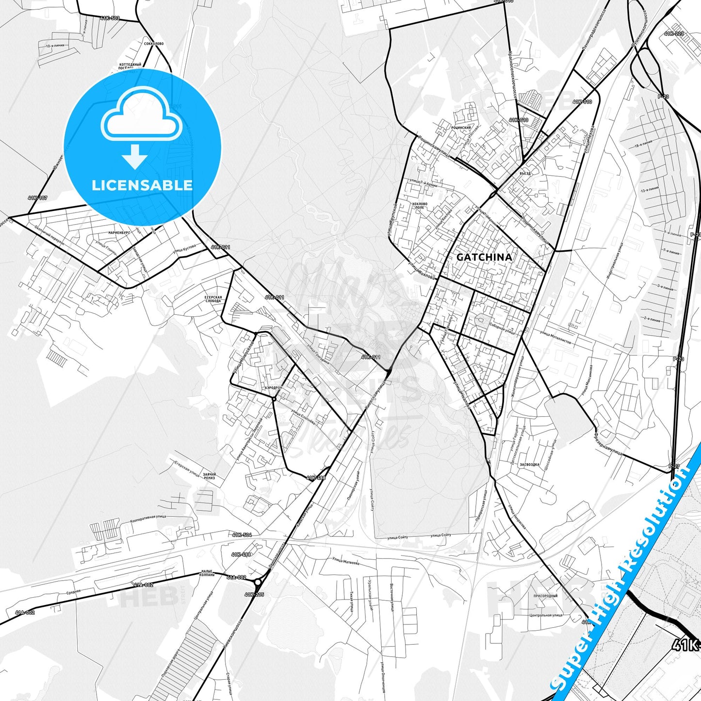 Gatchina, Russia Light Map with Street Names, City Names, and Districts