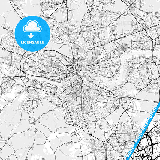 Gateshead, England light map with streetnames, citynames and districts
