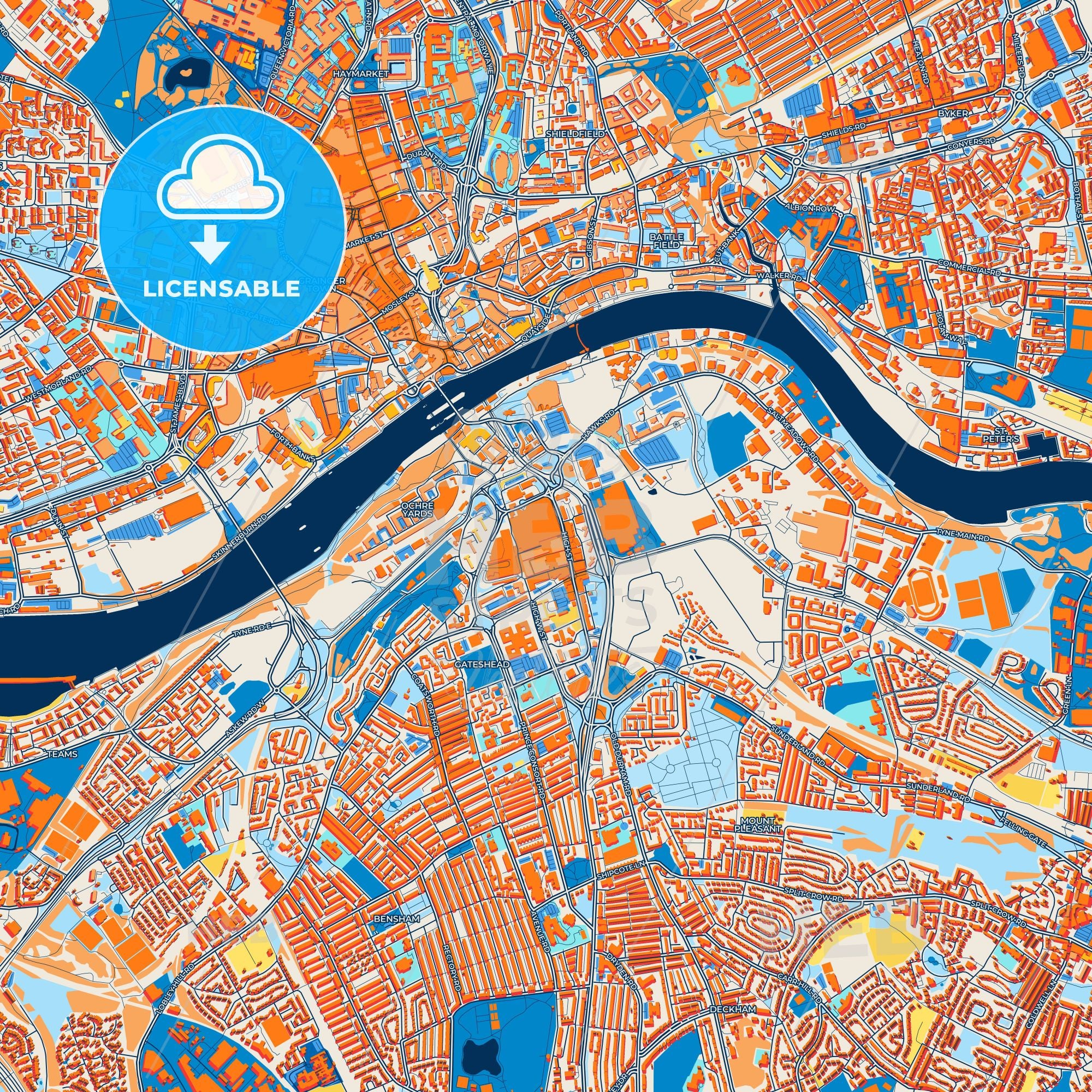 Colorful Gateshead Street Map With Labels And Buildings – HEBSTREITS