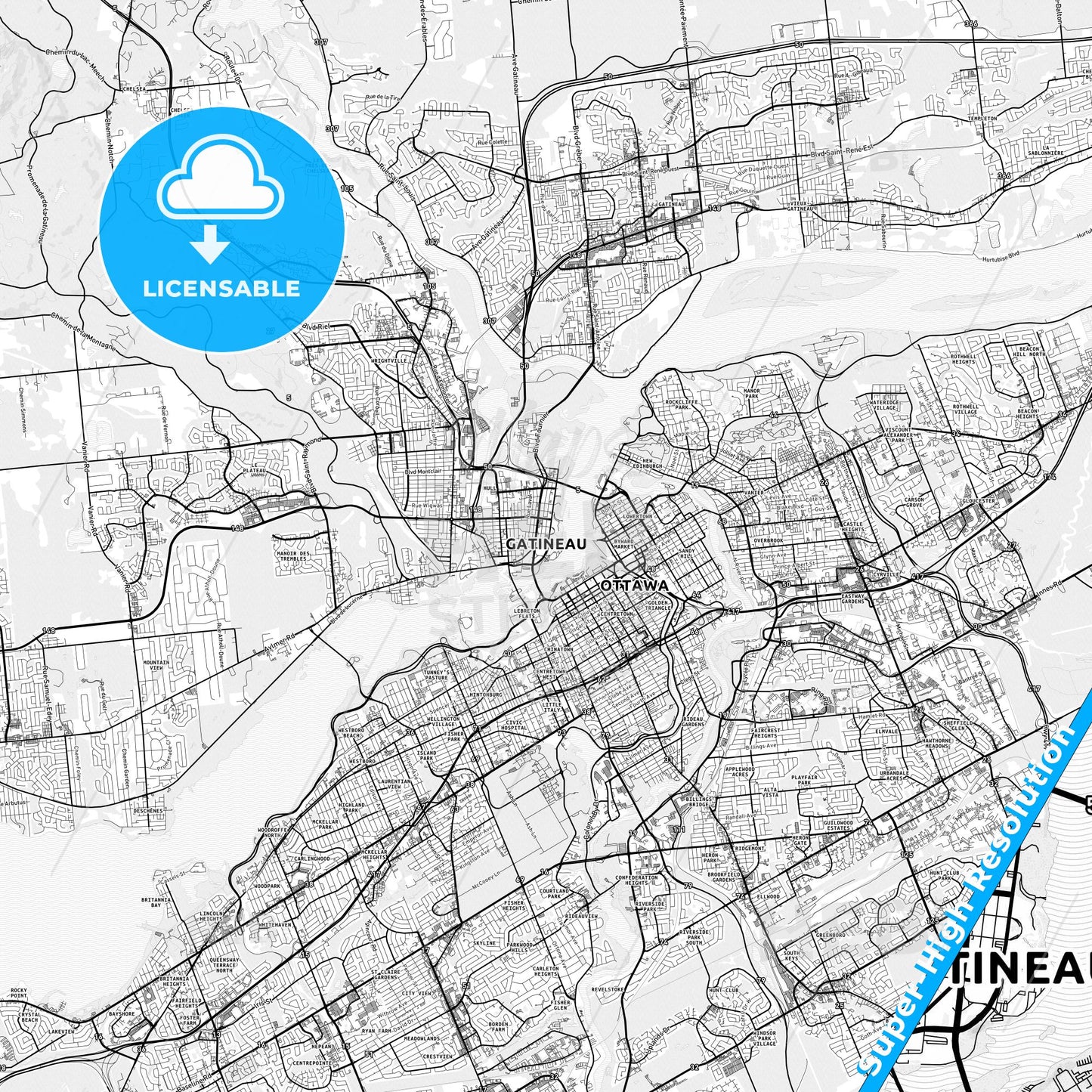 Gatineau, Canada light map with streetnames, citynames and districts