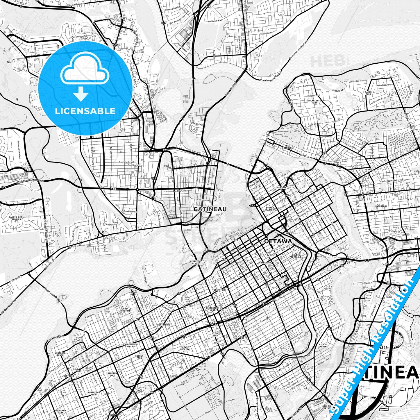 Gatineau, Canada Light Map with Street Names, City Names, and Districts