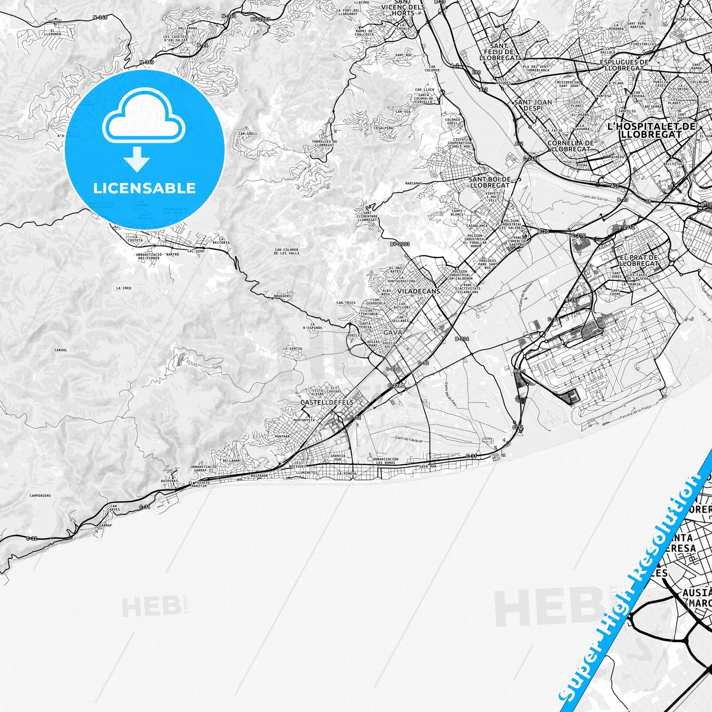 Gavà, Spain light map with streetnames, citynames and districts