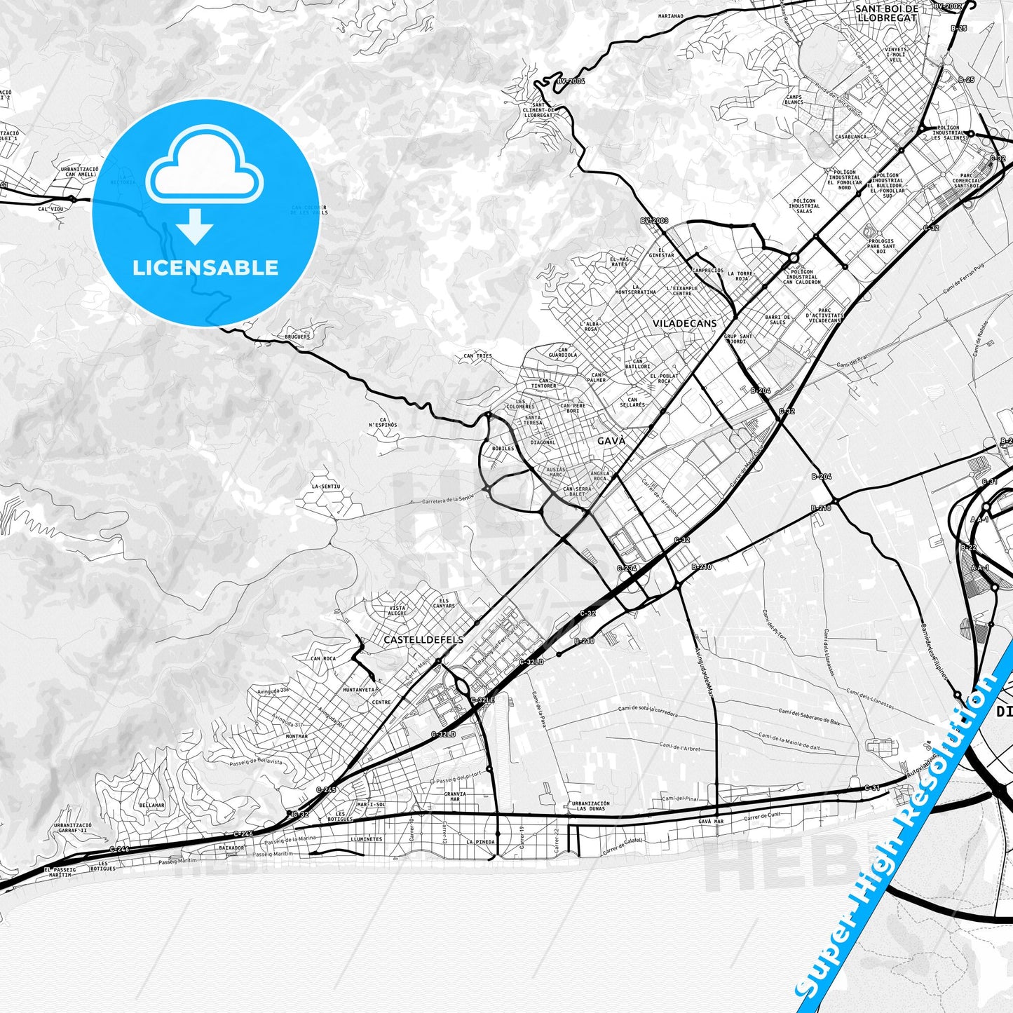 Gavà, Spain Light Map with Street Names, City Names, and Districts