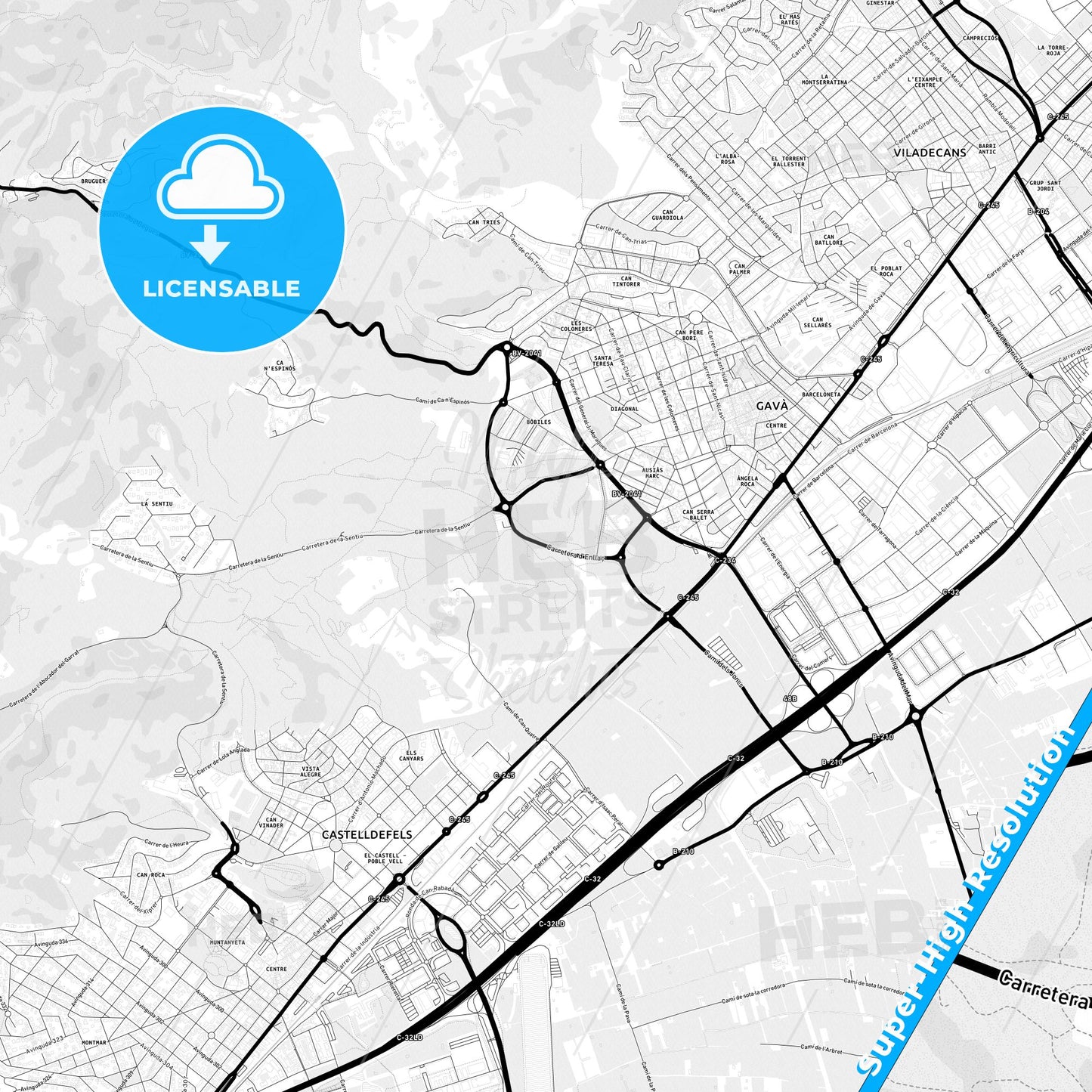Gavà, Spain Light Map with Street Names, City Names, and Districts