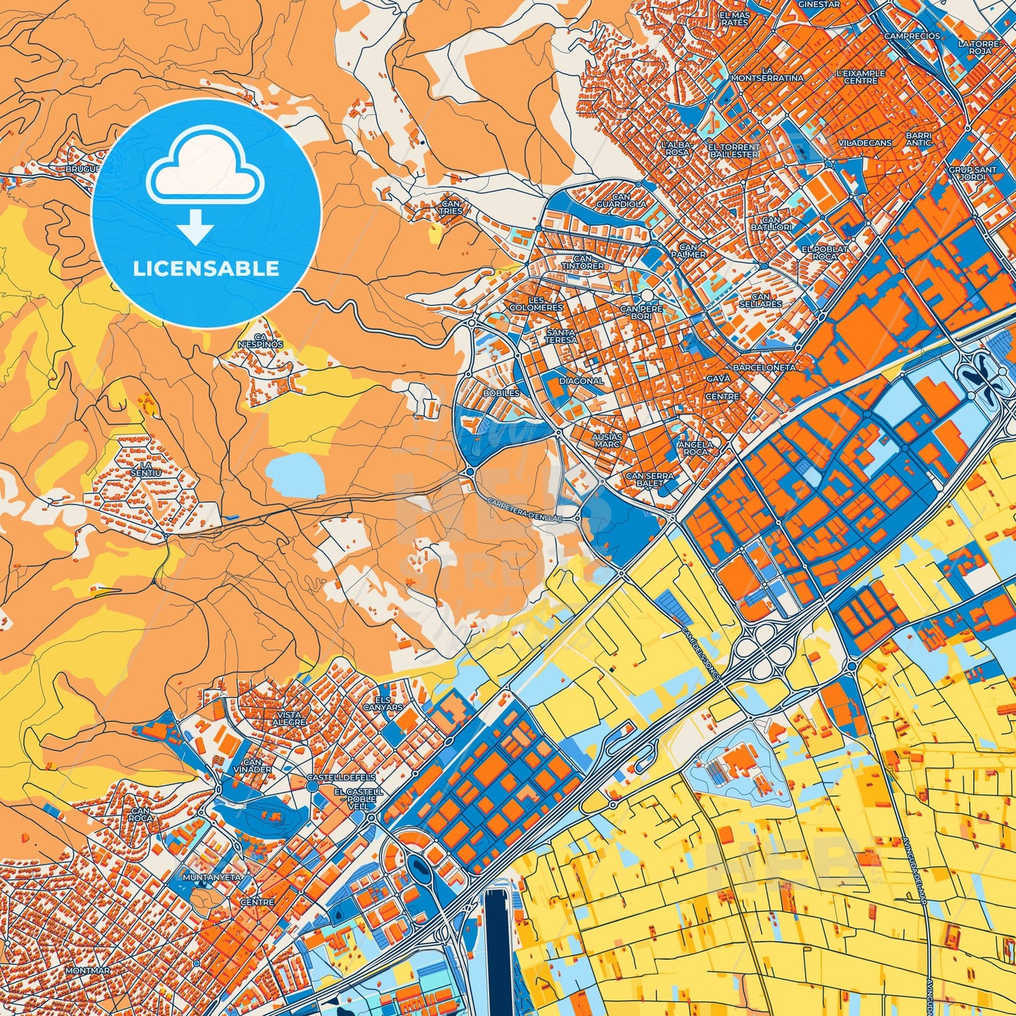 Colorful Gavà Street Map with Labels and Buildings