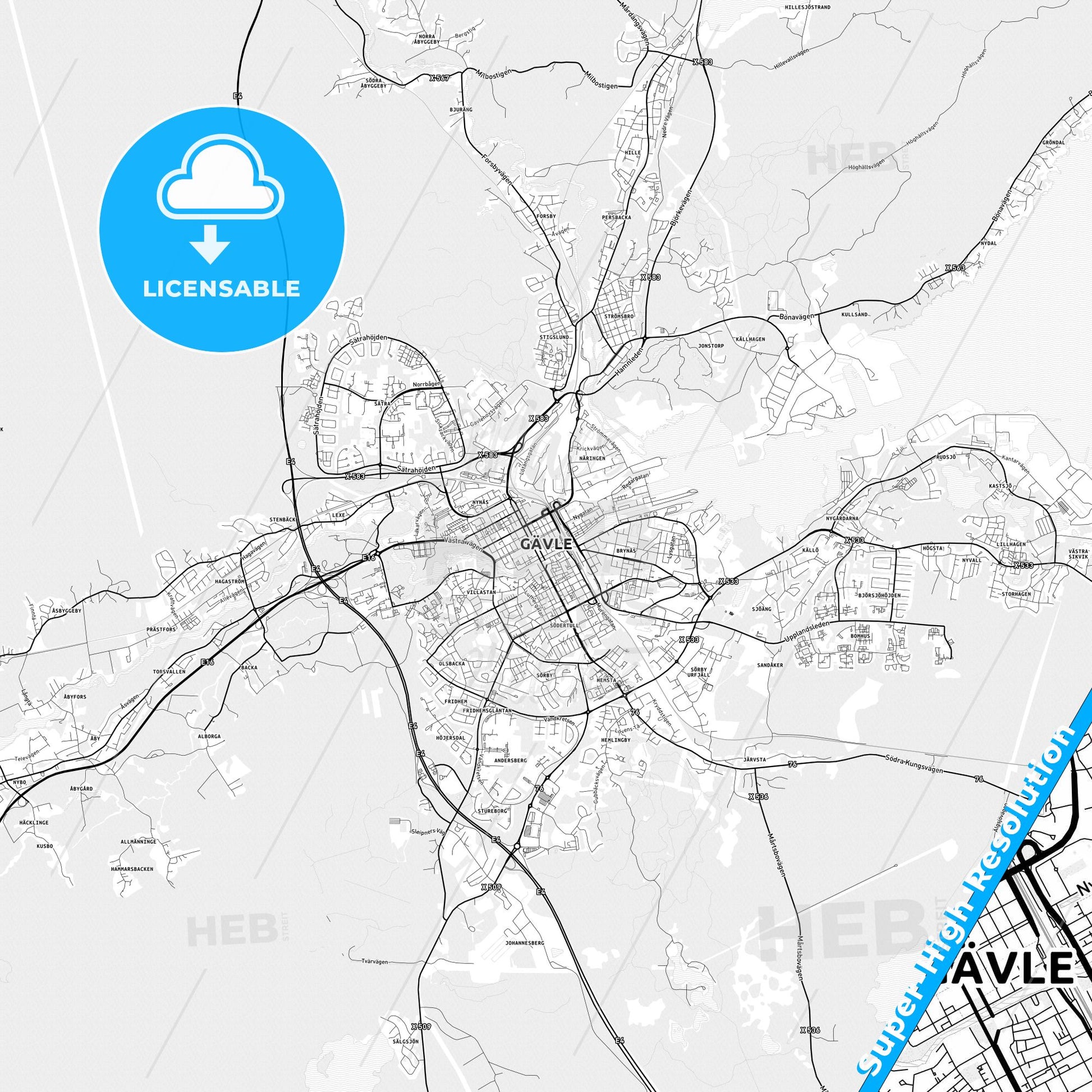Gävle, Sweden light map with streetnames, citynames and districts