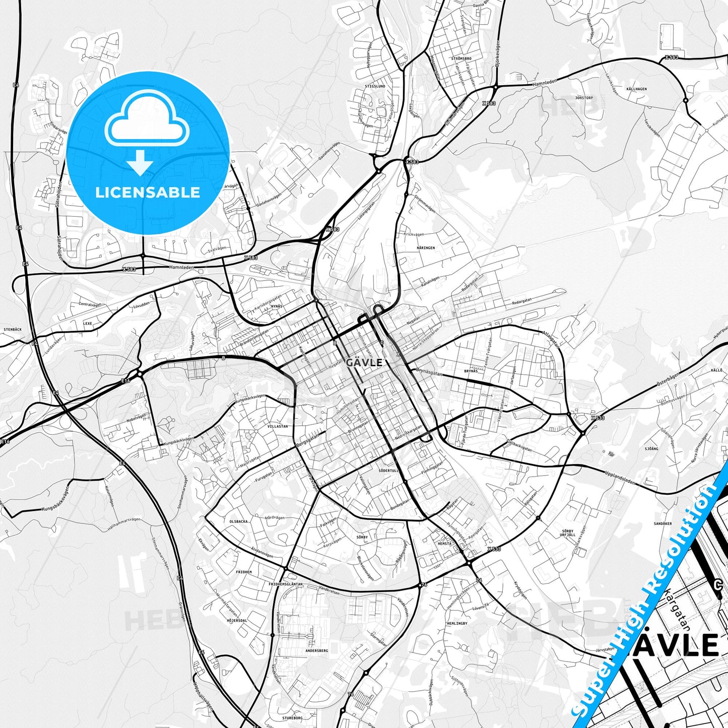 Gävle, Sweden Light Map with Street Names, City Names, and Districts