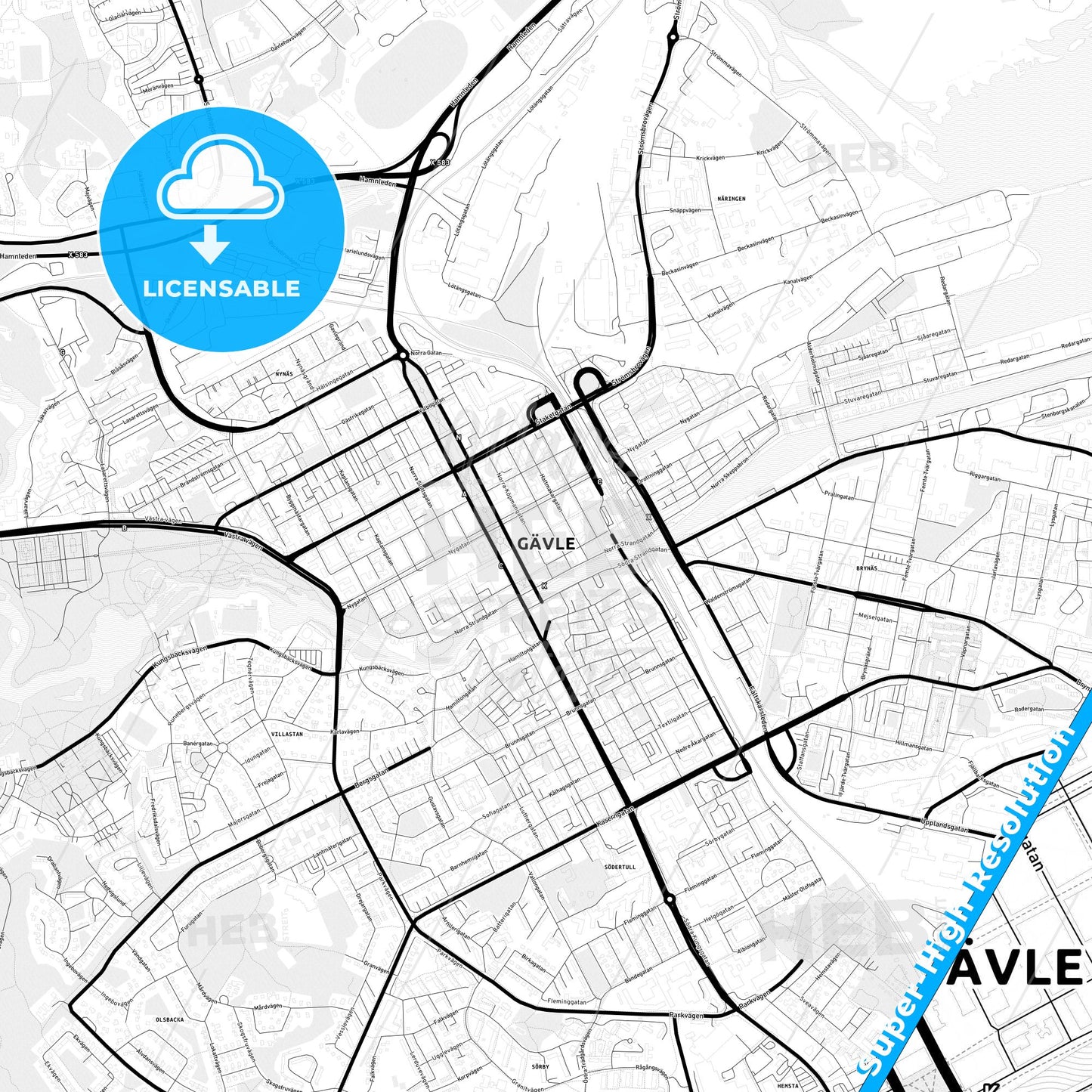 Gävle, Sweden Light Map with Street Names, City Names, and Districts