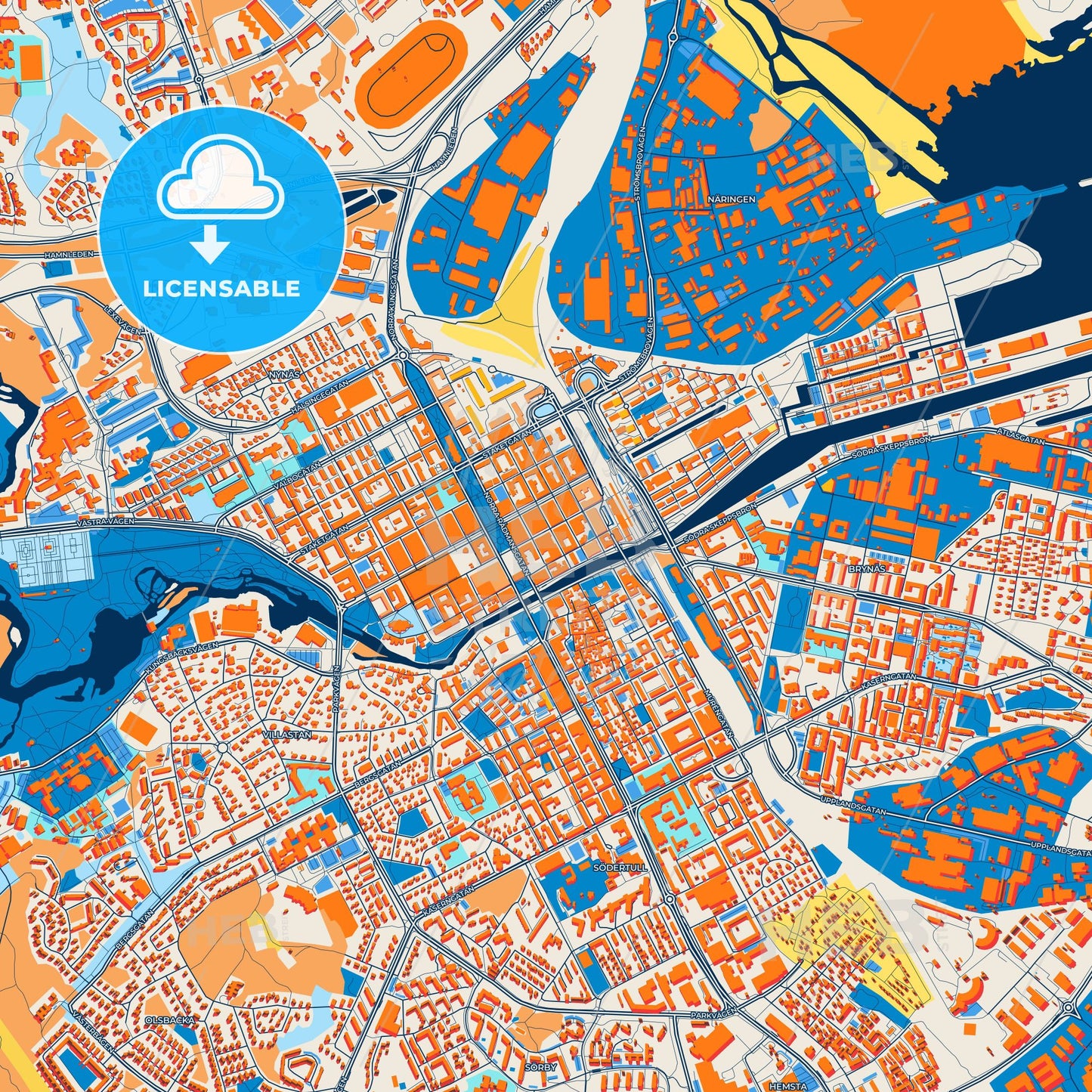 Colorful Gävle Street Map with Labels and Buildings