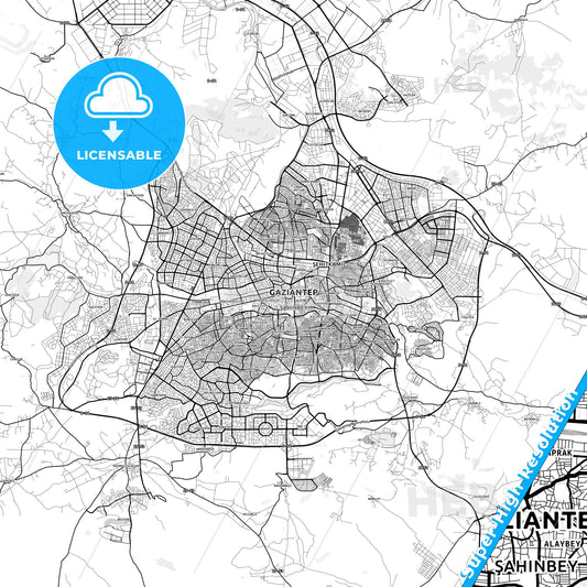 Gaziantep, Turkey light map with streetnames, citynames and districts