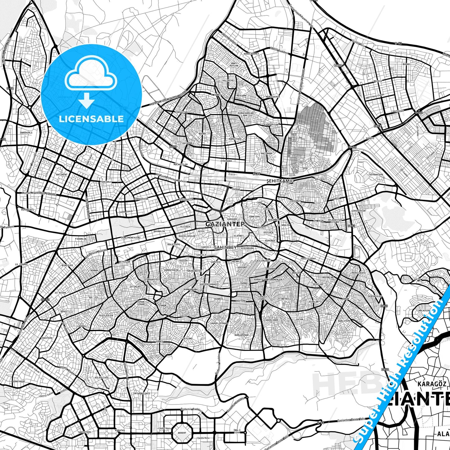 Gaziantep, Turkey Light Map with Street Names, City Names, and Districts