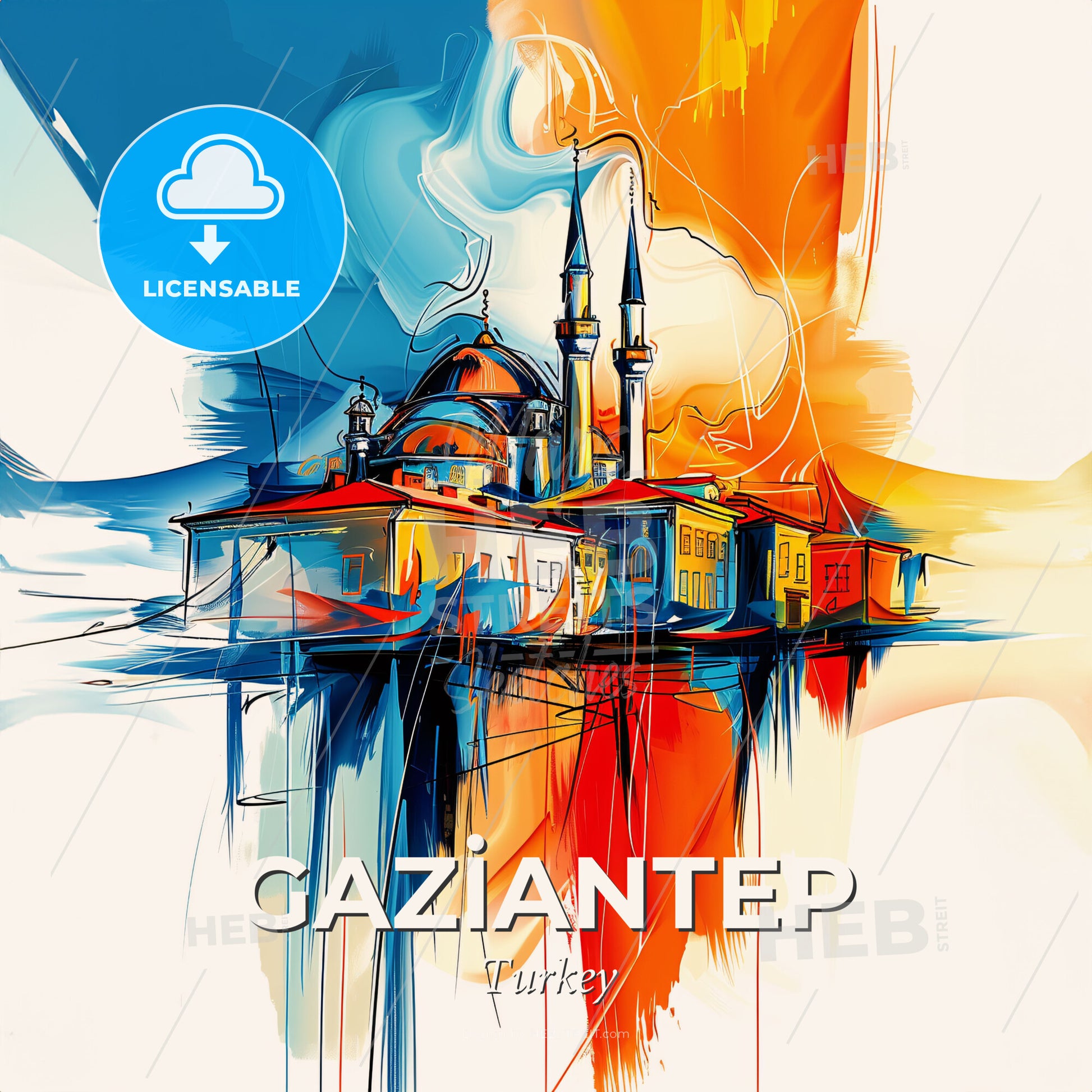Vibrant Gazi̇antep, Turkey - A Painting Of A Building With Towers And A Blue And Orange Background - Square format print template
