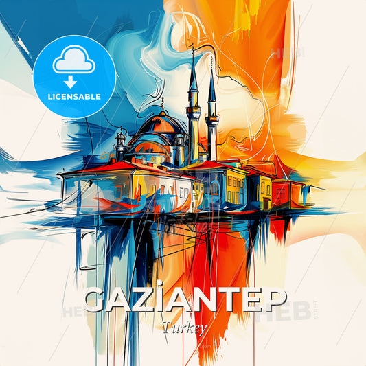 Vibrant Gazi̇antep, Turkey - A Painting Of A Building With Towers And A Blue And Orange Background - Square format print template