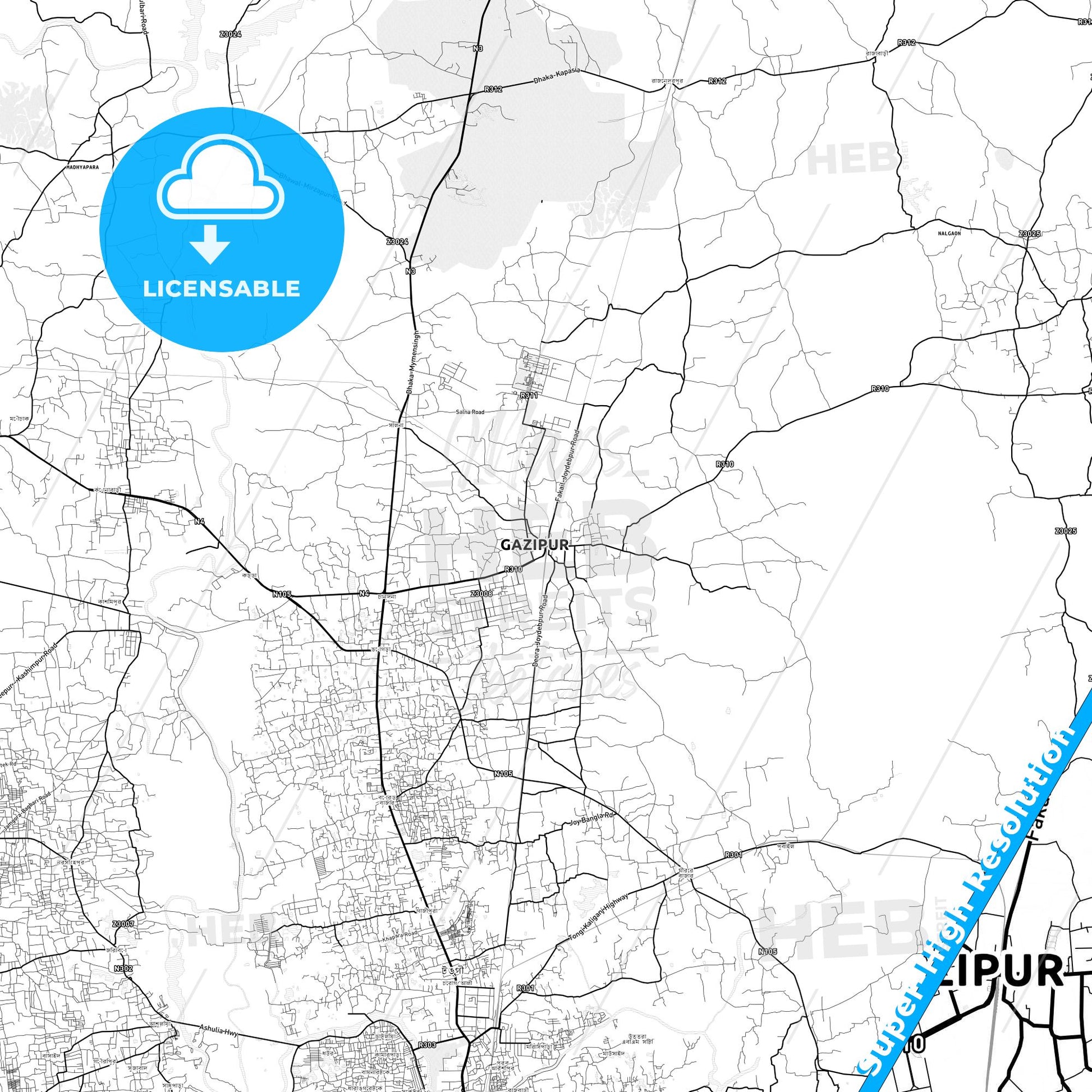 Gazipur, Bangladesh light map with streetnames, citynames and districts