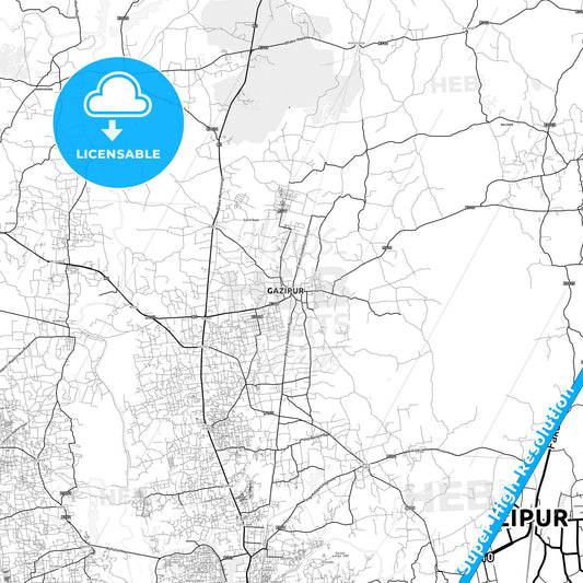 Gazipur, Bangladesh light map with streetnames, citynames and districts