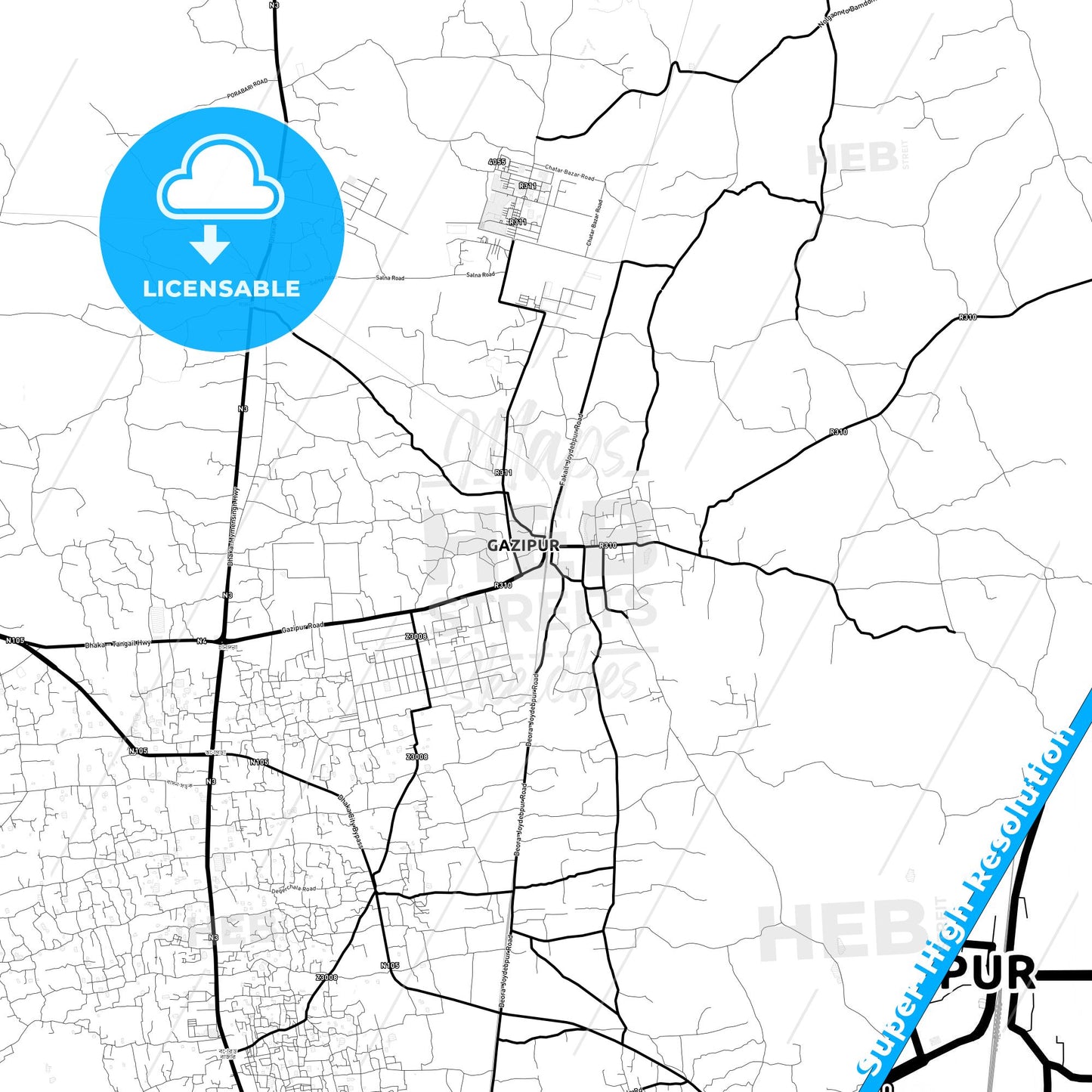 Gazipur, Bangladesh Light Map with Street Names, City Names, and Districts