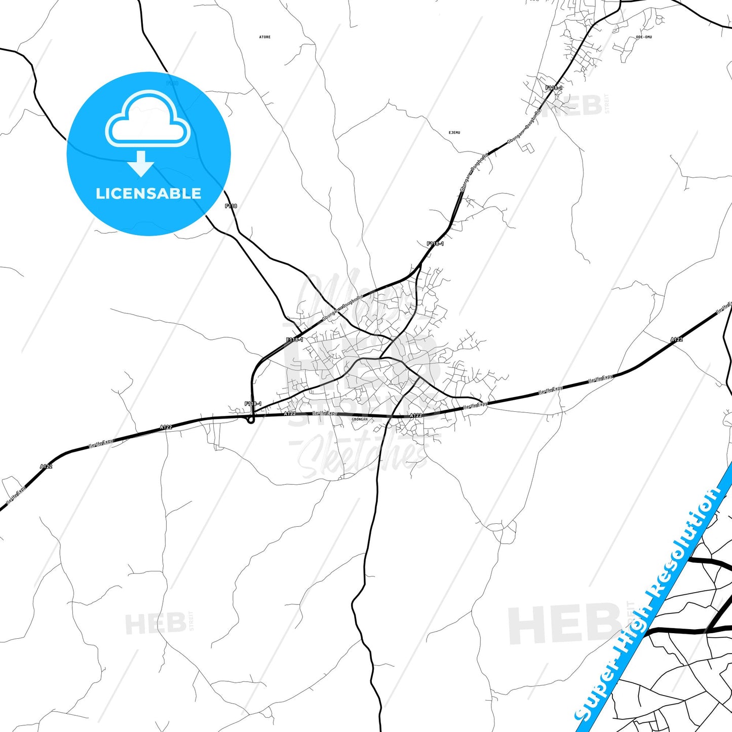 Gbongan, Nigeria Light Map with Street Names, City Names, and Districts