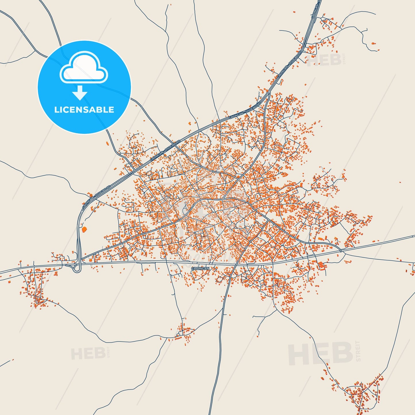Colorful Gbongan Street Map with Labels and Buildings