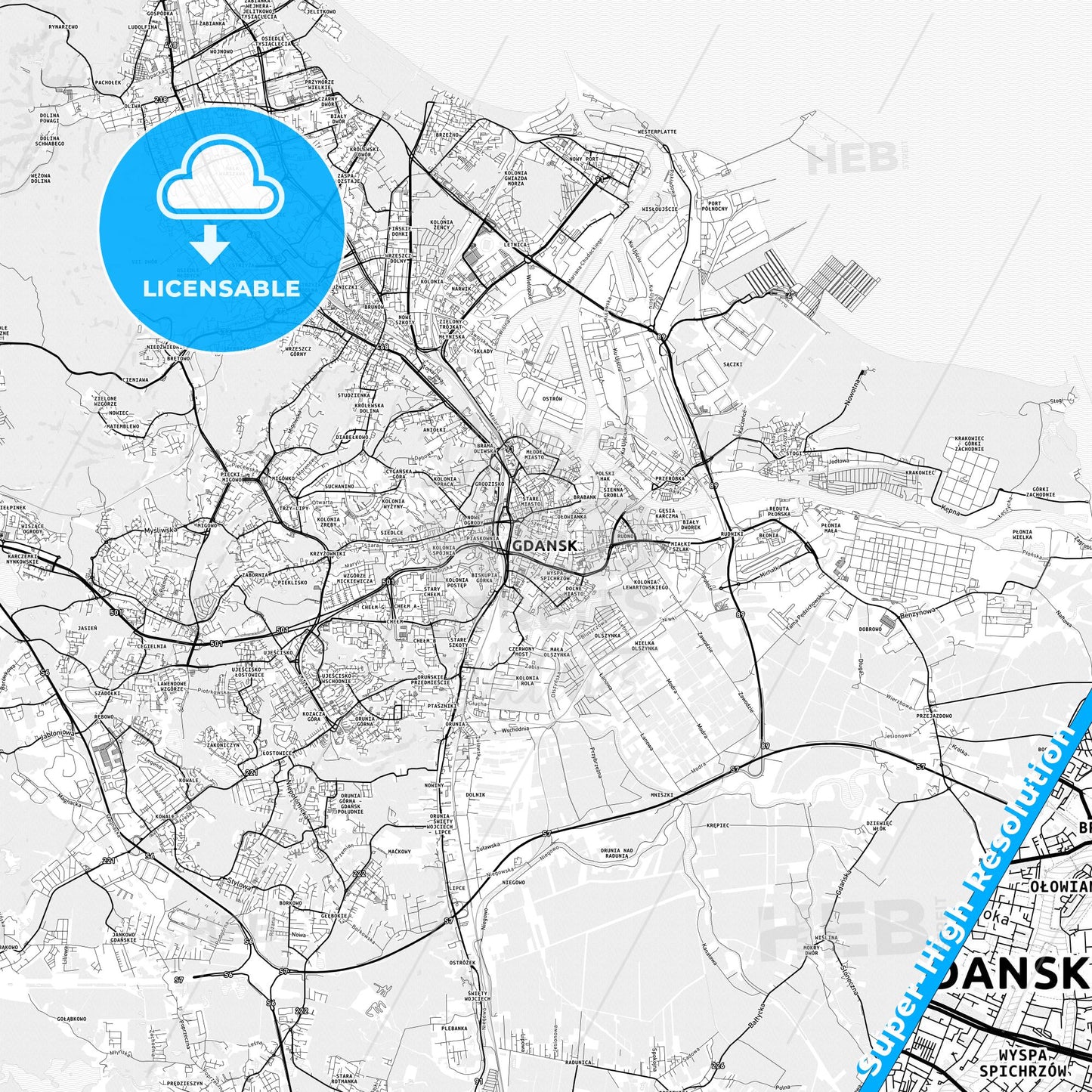 Gdańsk, Poland light map with streetnames, citynames and districts