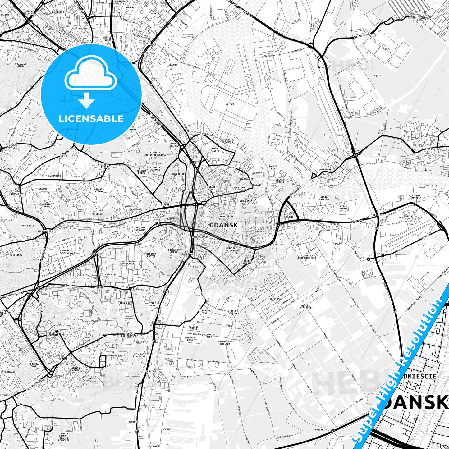 Gdańsk, Poland Light Map with Street Names, City Names, and Districts