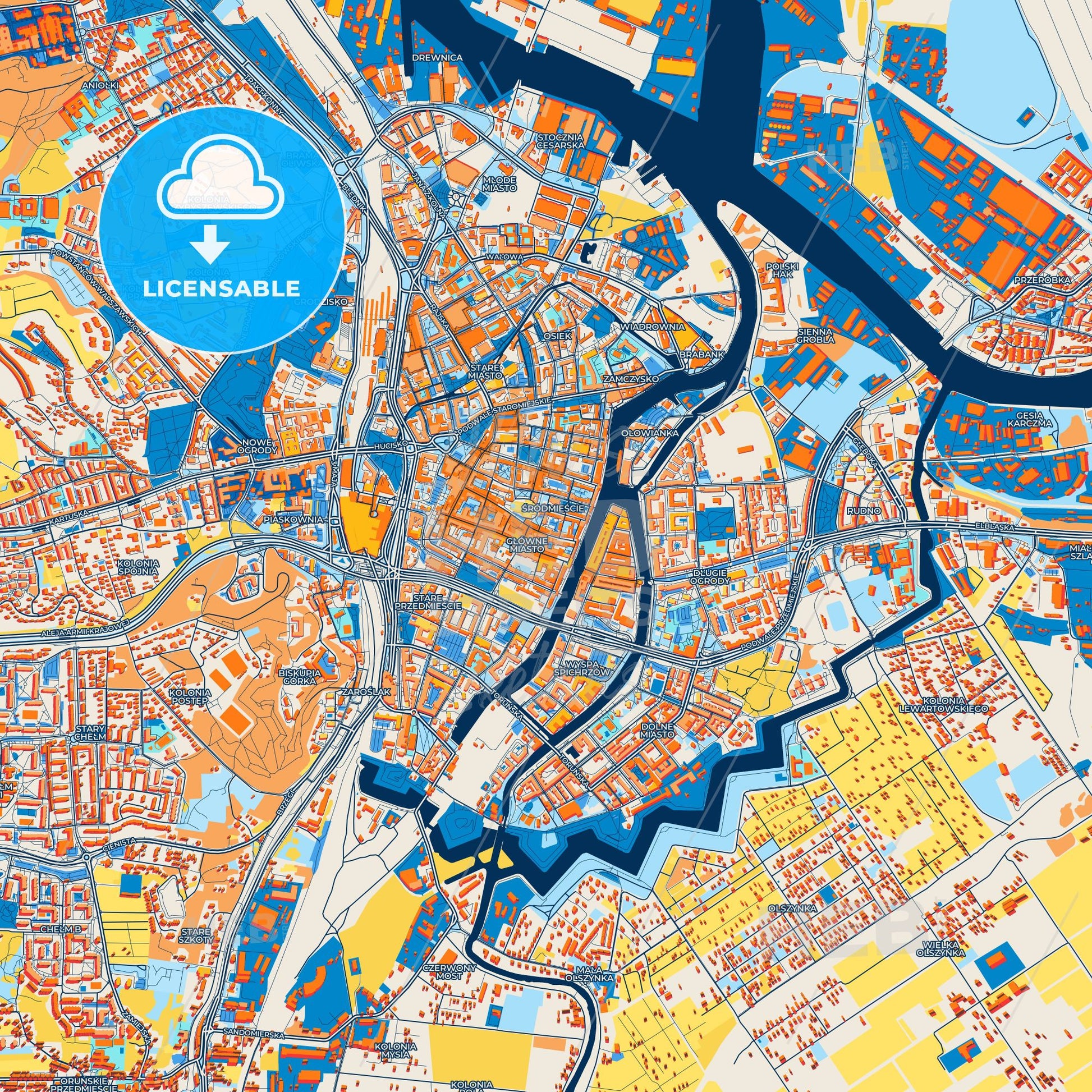 Colorful Gdańsk Street Map with Labels and Buildings