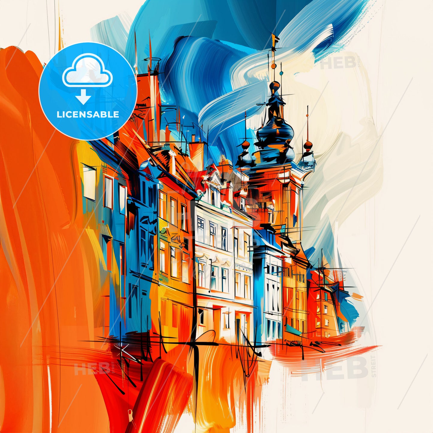 Vibrant Gdańsk, Poland - A Painting Of Buildings And A Tower