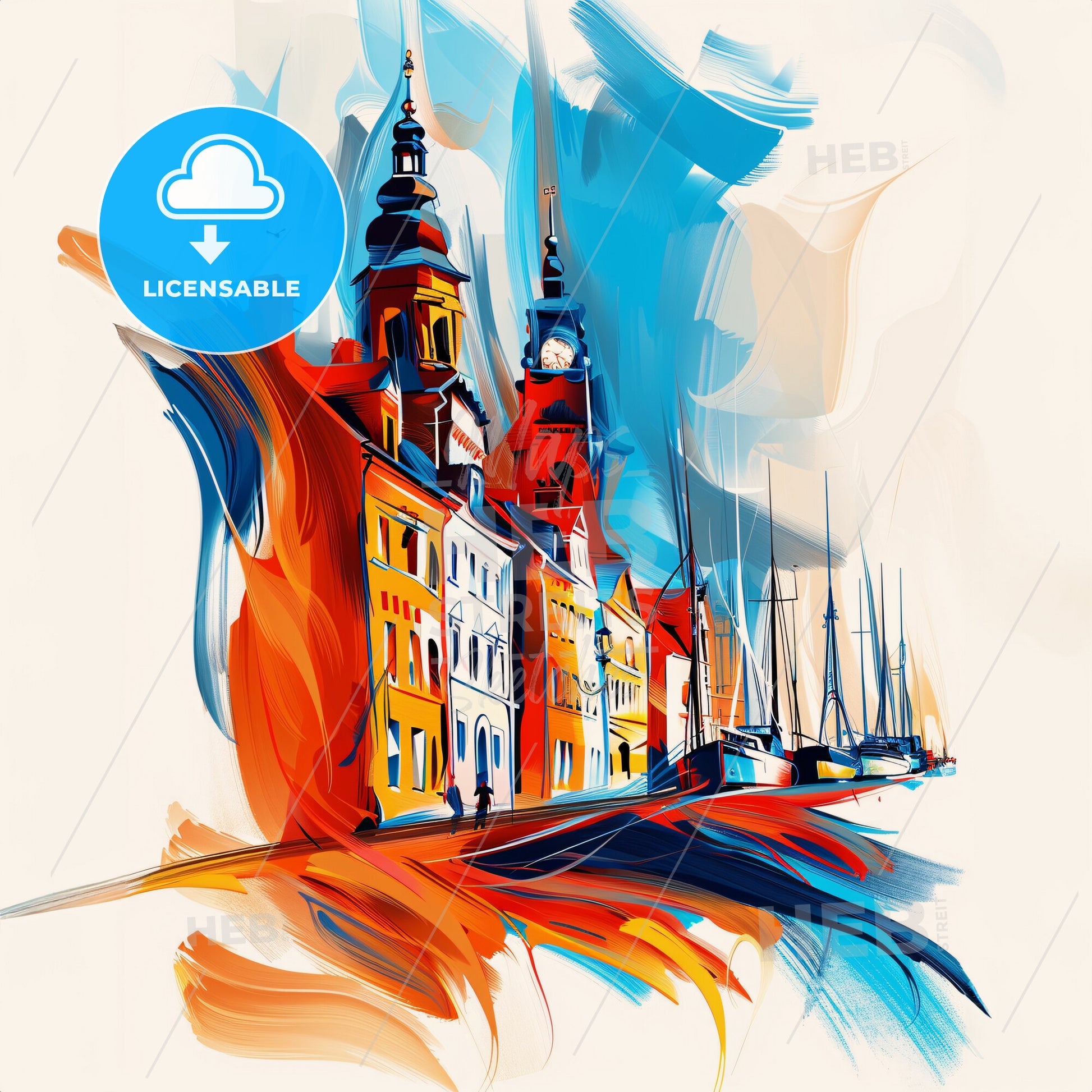 Vibrant Gdańsk, Poland - A Colorful Painting Of Buildings And Boats