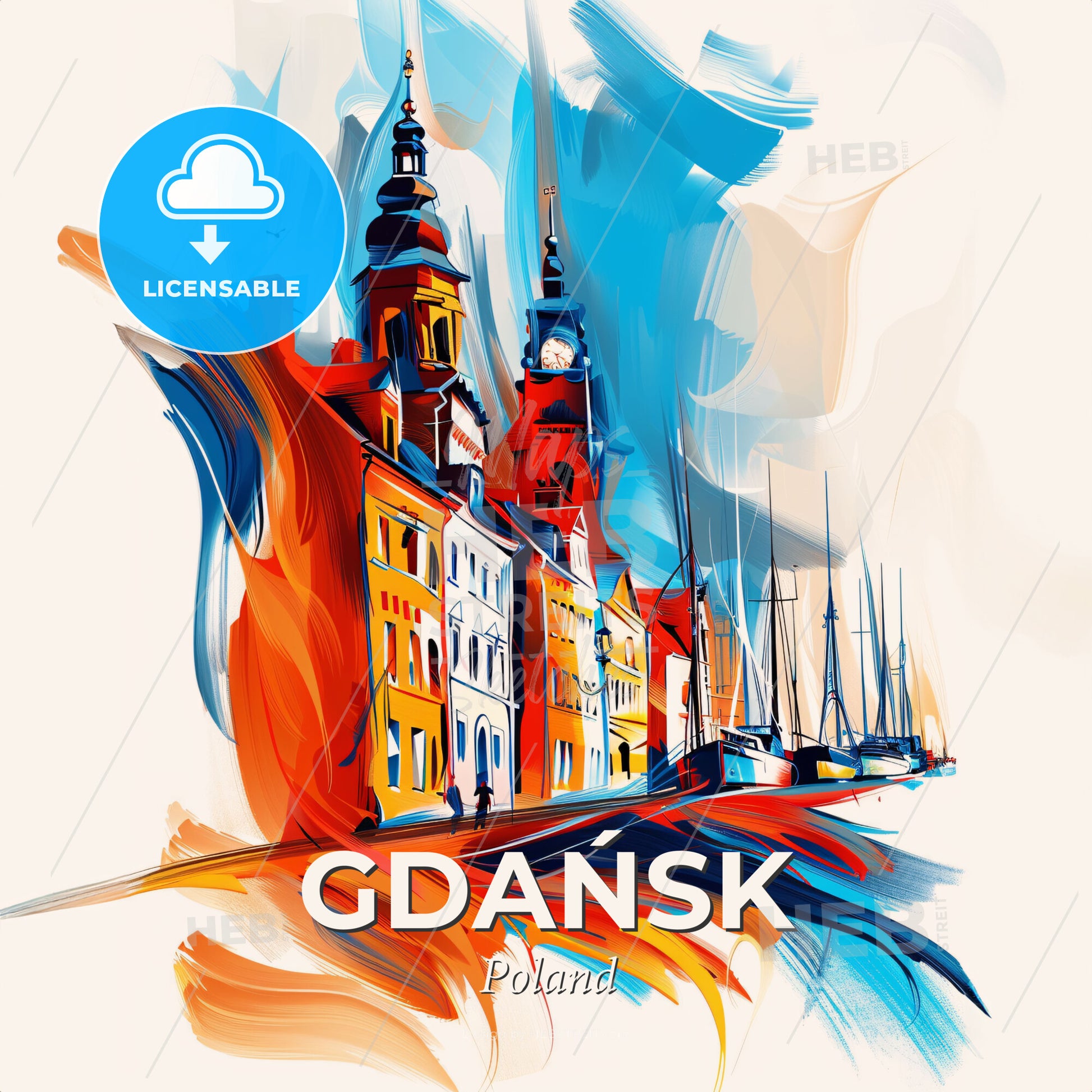 Vibrant Gdańsk, Poland - A Colorful Painting Of Buildings And Boats - Square format print template