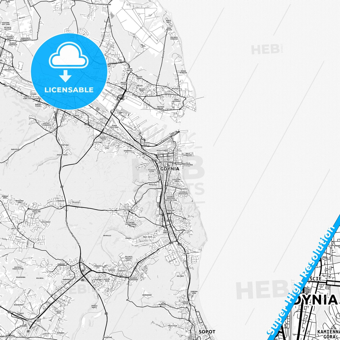Gdynia, Poland light map with streetnames, citynames and districts