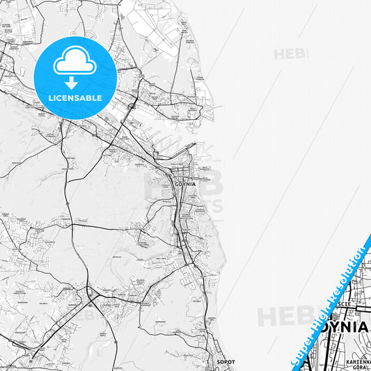 Gdynia, Poland light map with streetnames, citynames and districts